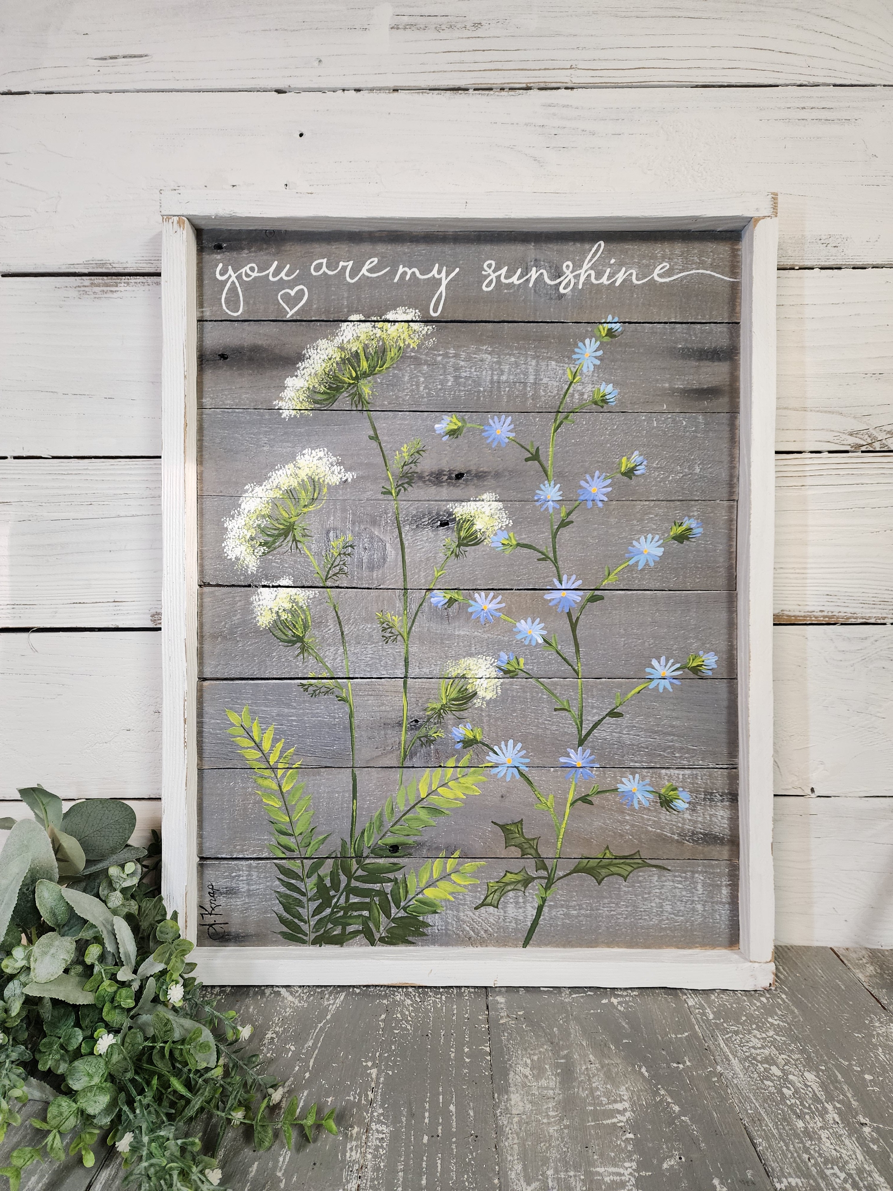 Hello Sunshine pallet wall art, hand painted wild flowers greenery, Farmhouse gray decor