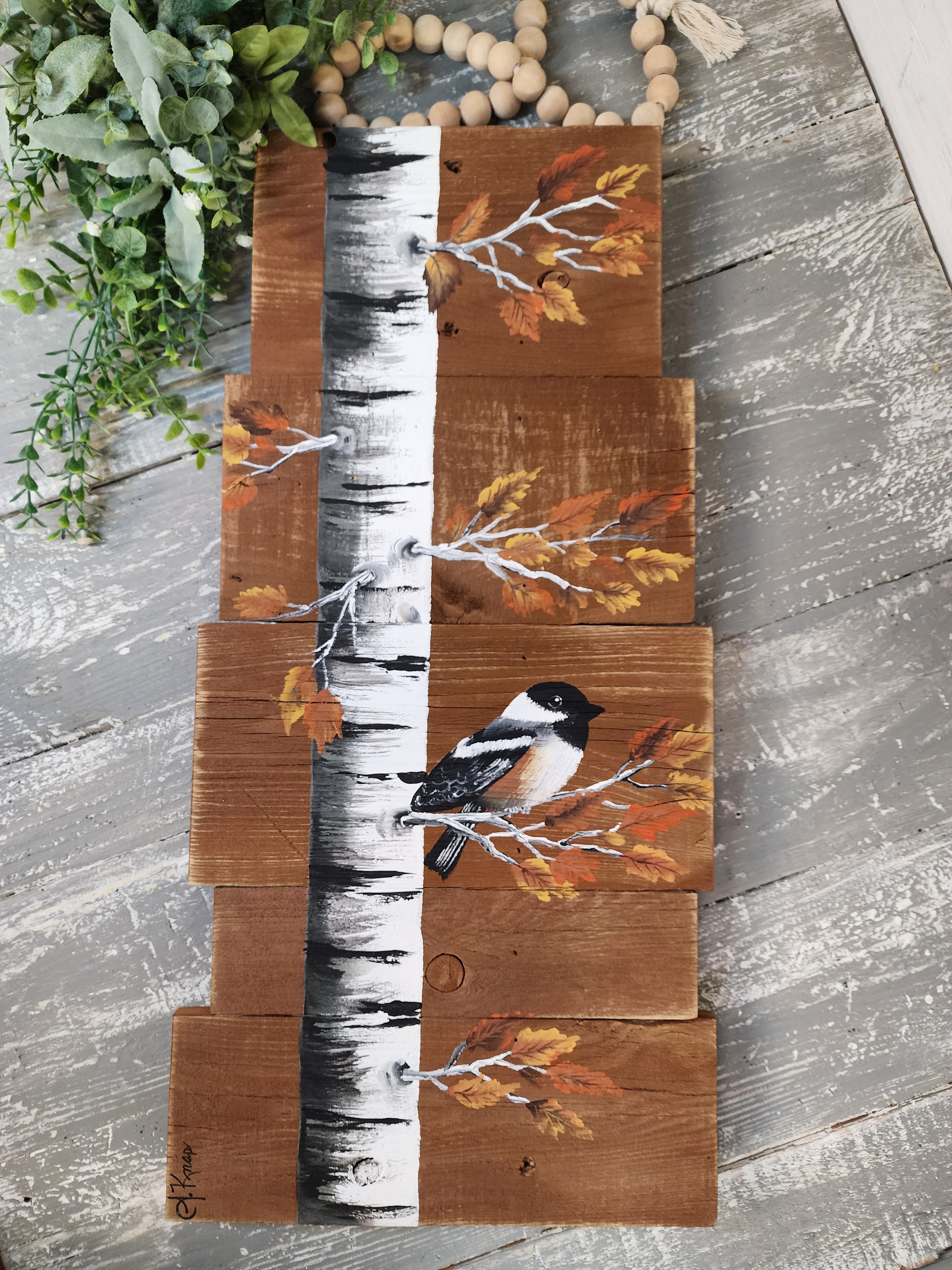 Autumn handpainted white birch pallet artwork, Fall leaves with a chickadee, Farmhouse rustic decor