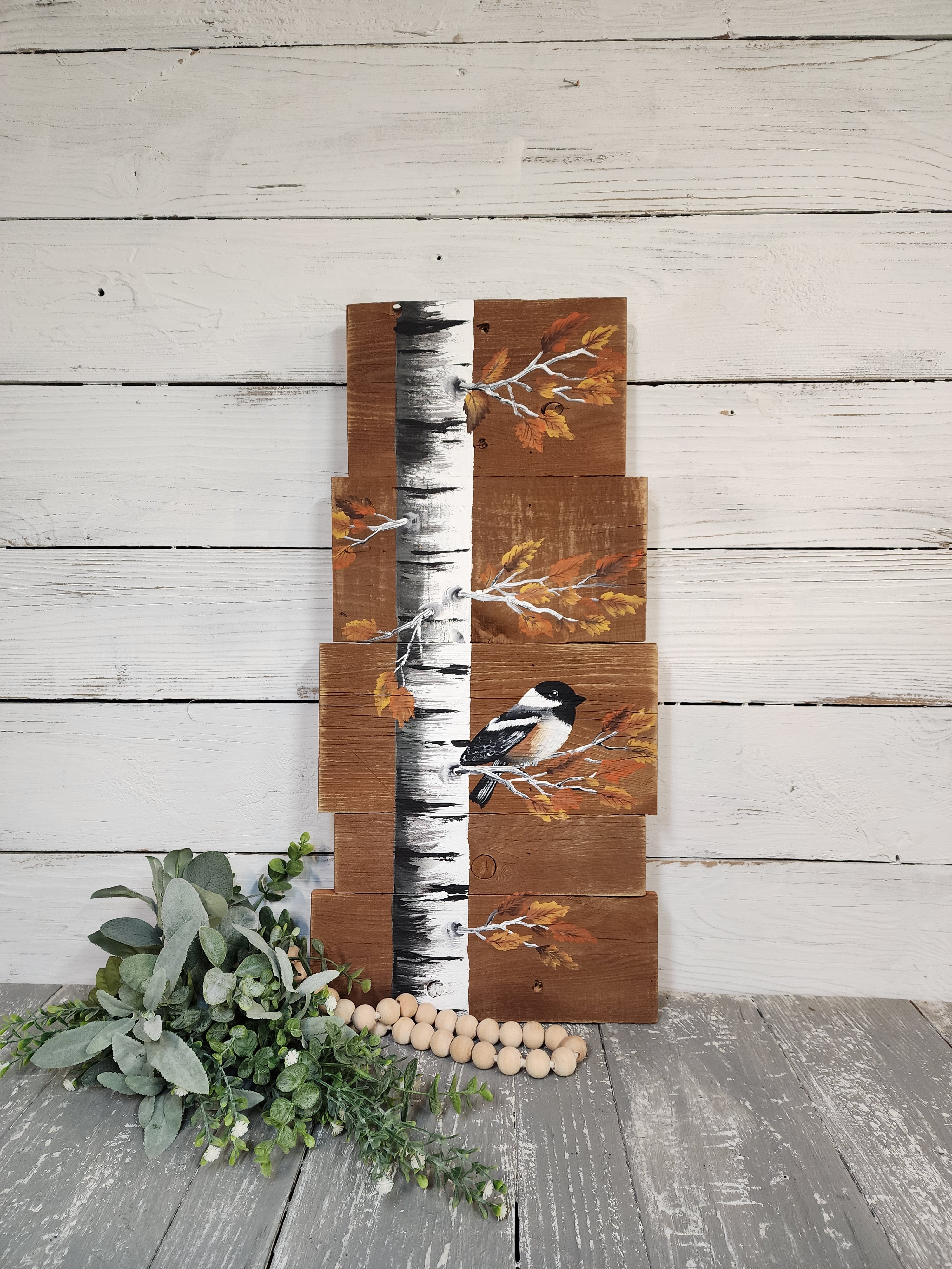 Autumn handpainted white birch pallet artwork, Fall leaves with a chickadee, Farmhouse rustic decor