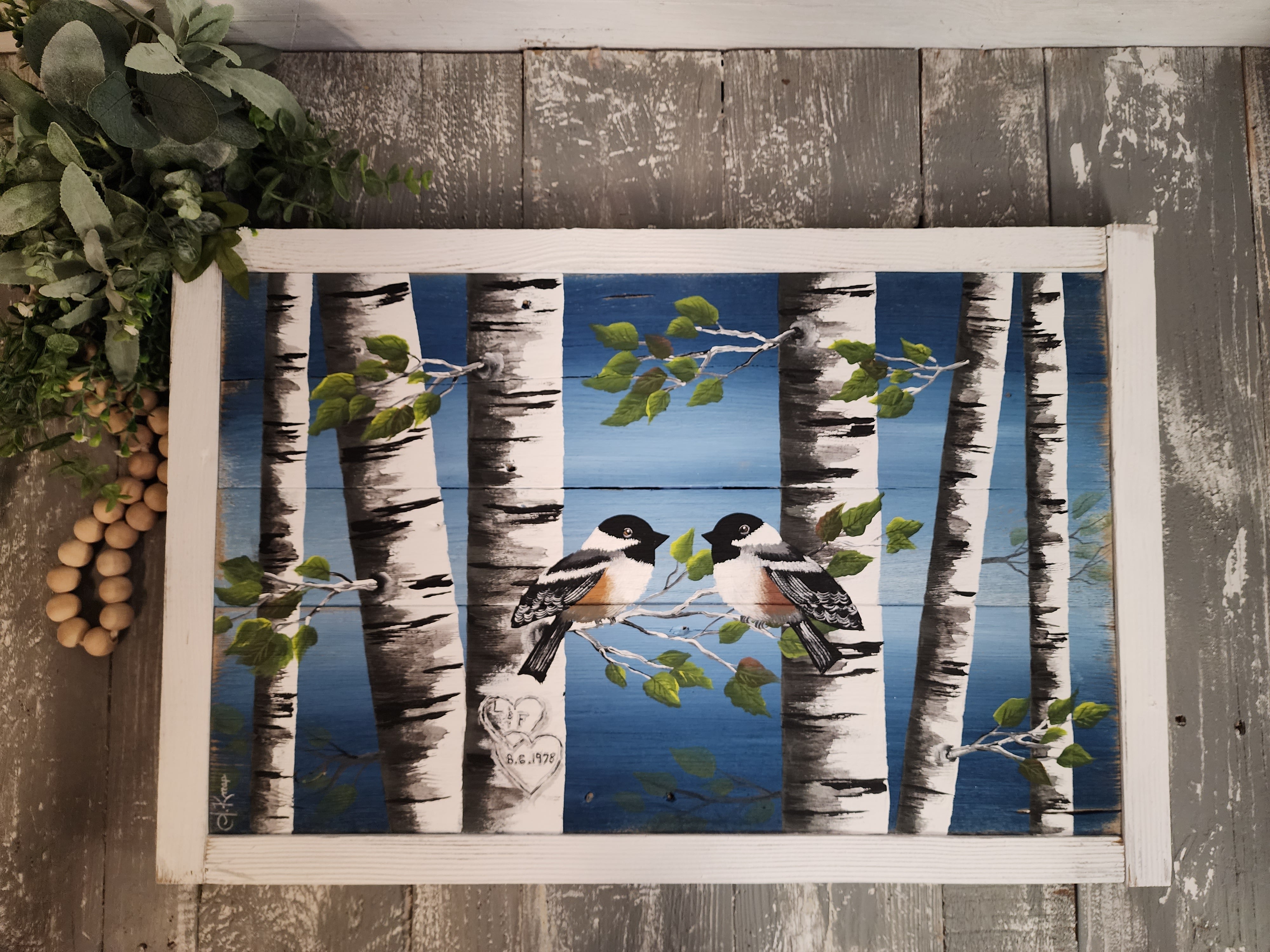 Romantic Wedding White Birch Painting gift, carved heart in aspen tree with birds on a branch, Pallet wood wall art