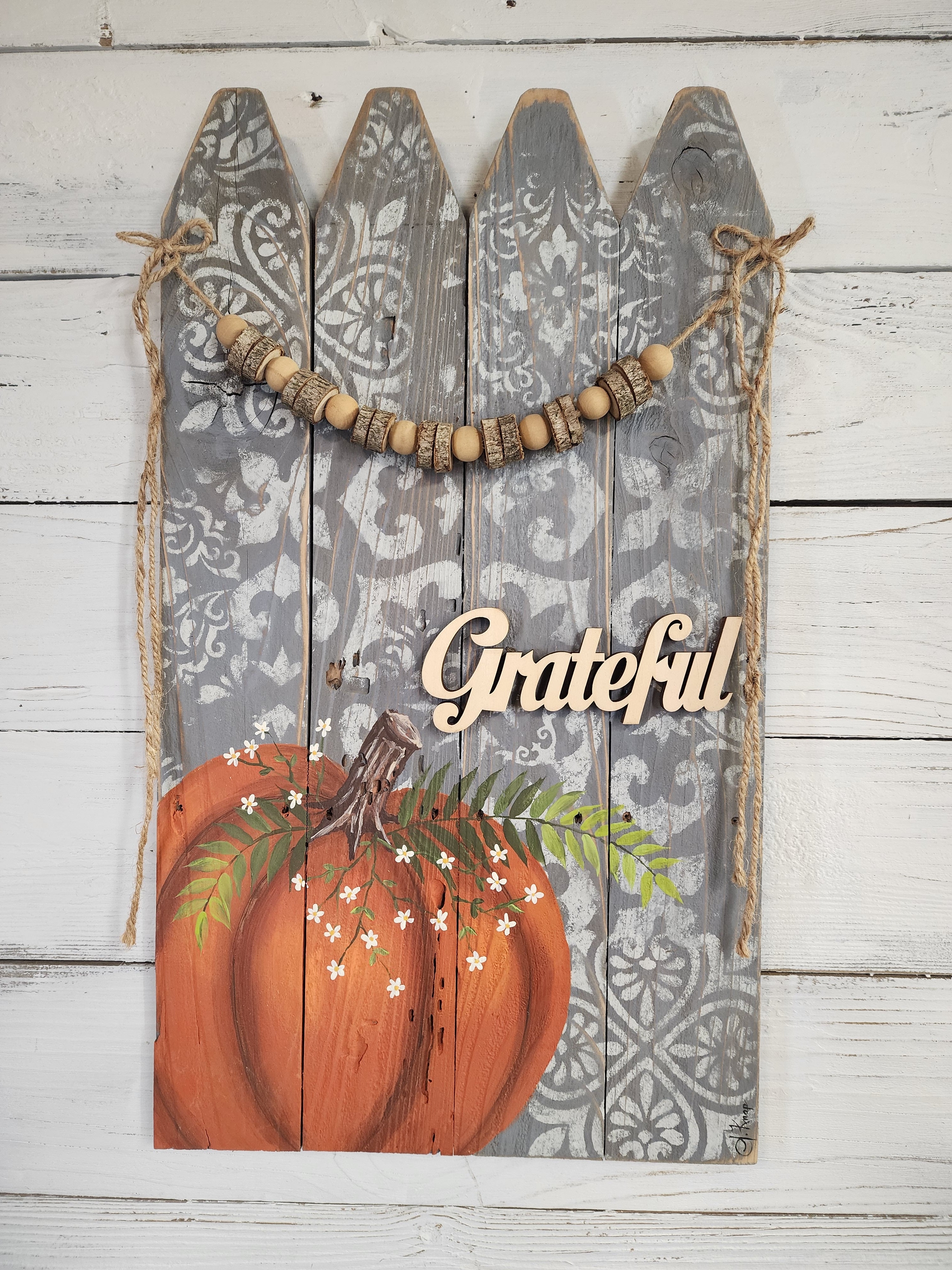 Pumpkin Fall Decor, Grateful, Thanksgiving decorations, wooden bead wood slice garland, handpainted on picket fence, modern moroccan stencil
