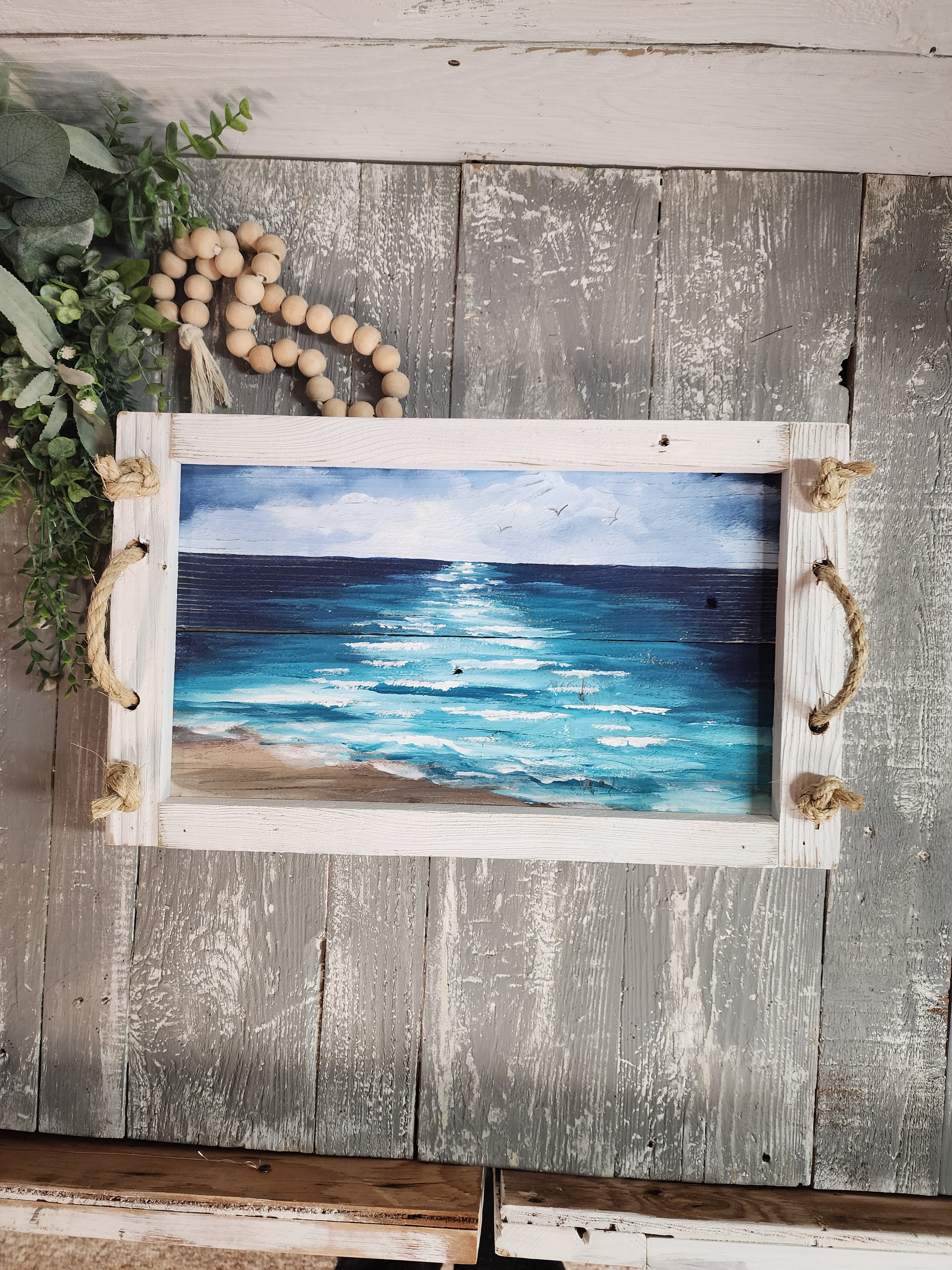 Hand Painted Beach tray, Decorative Cottage serving tray, Nautical seaside decor