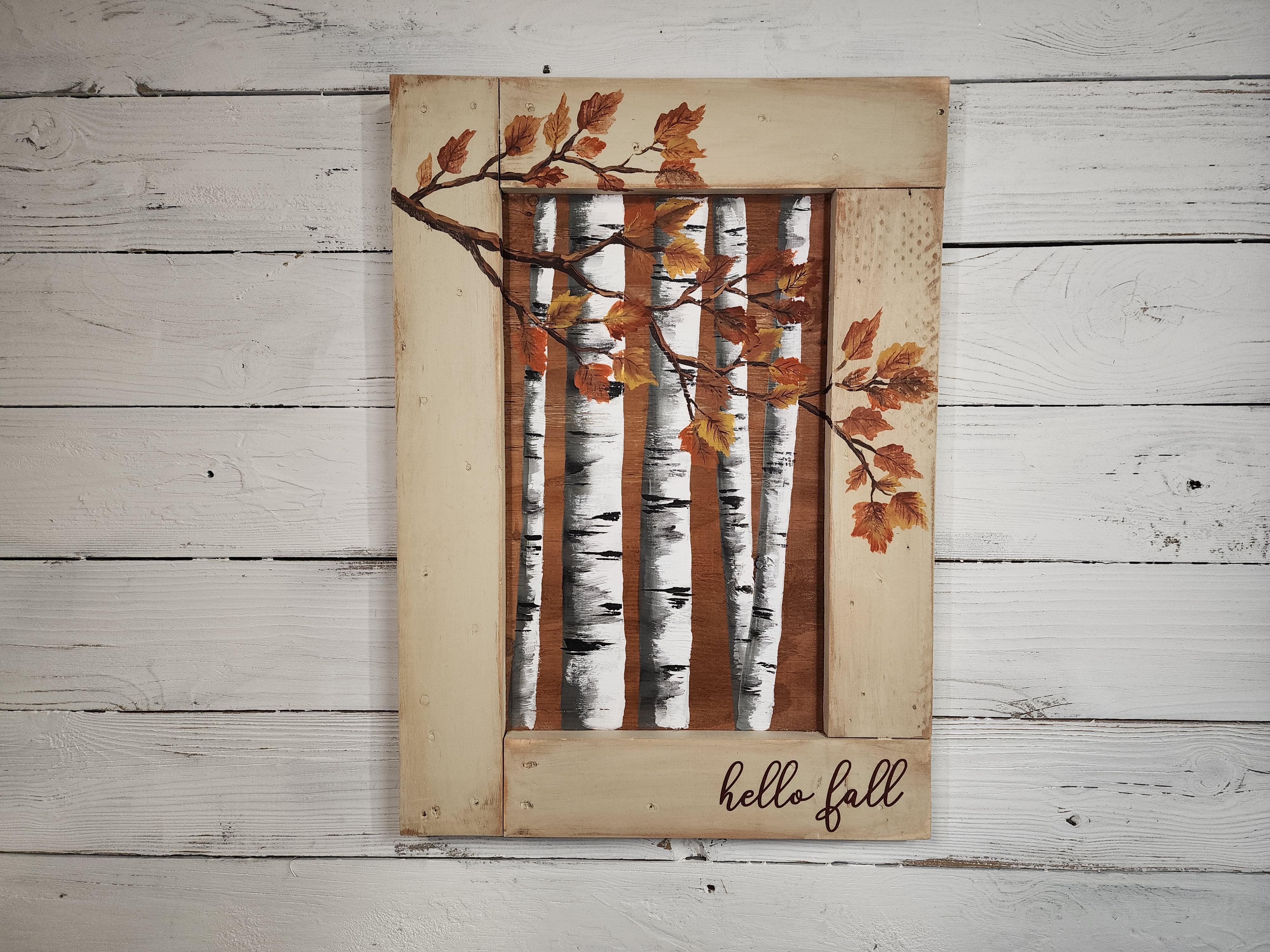 Fall leaves on white birch painting, rustic recycled pallet box with Handpainted Autumn leaves, hello fall word wood sign