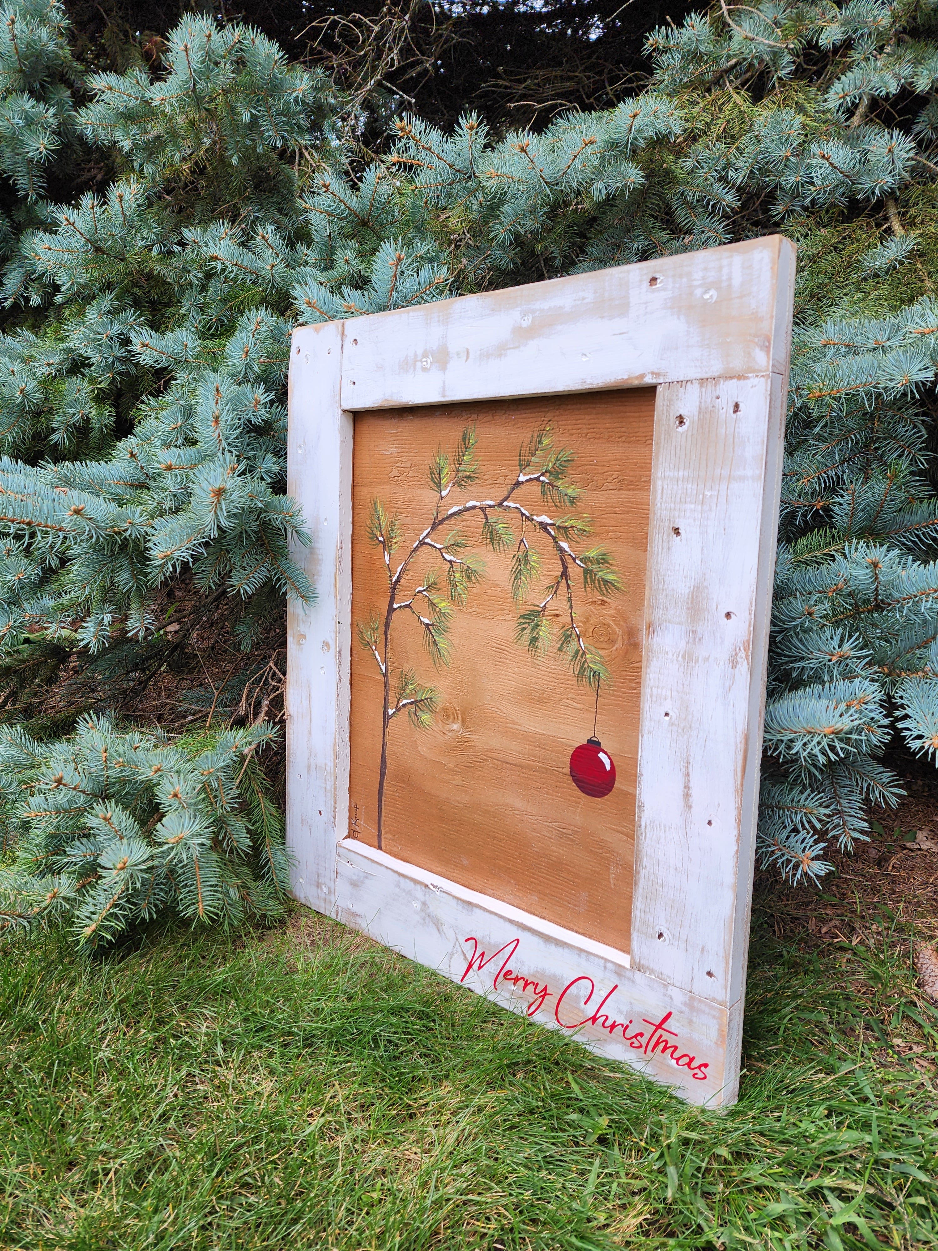 Hand painted Charlie Brown Christmas tree on recycled pallet wood, Red Merry Christmas word sign, classic red Christmas bulb, Aged white, frame