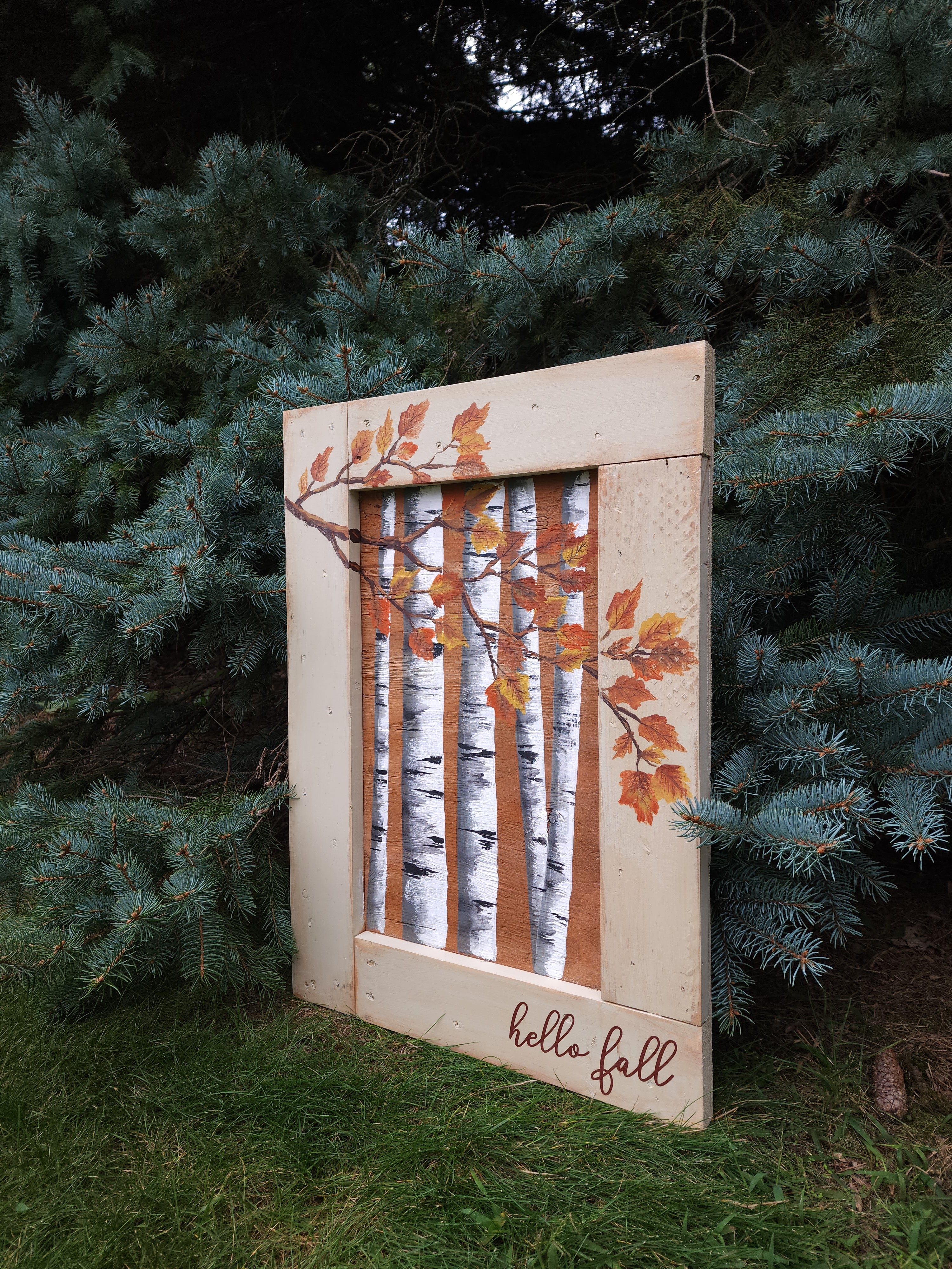 Fall leaves on white birch painting, rustic recycled pallet box with Handpainted Autumn leaves, hello fall word wood sign