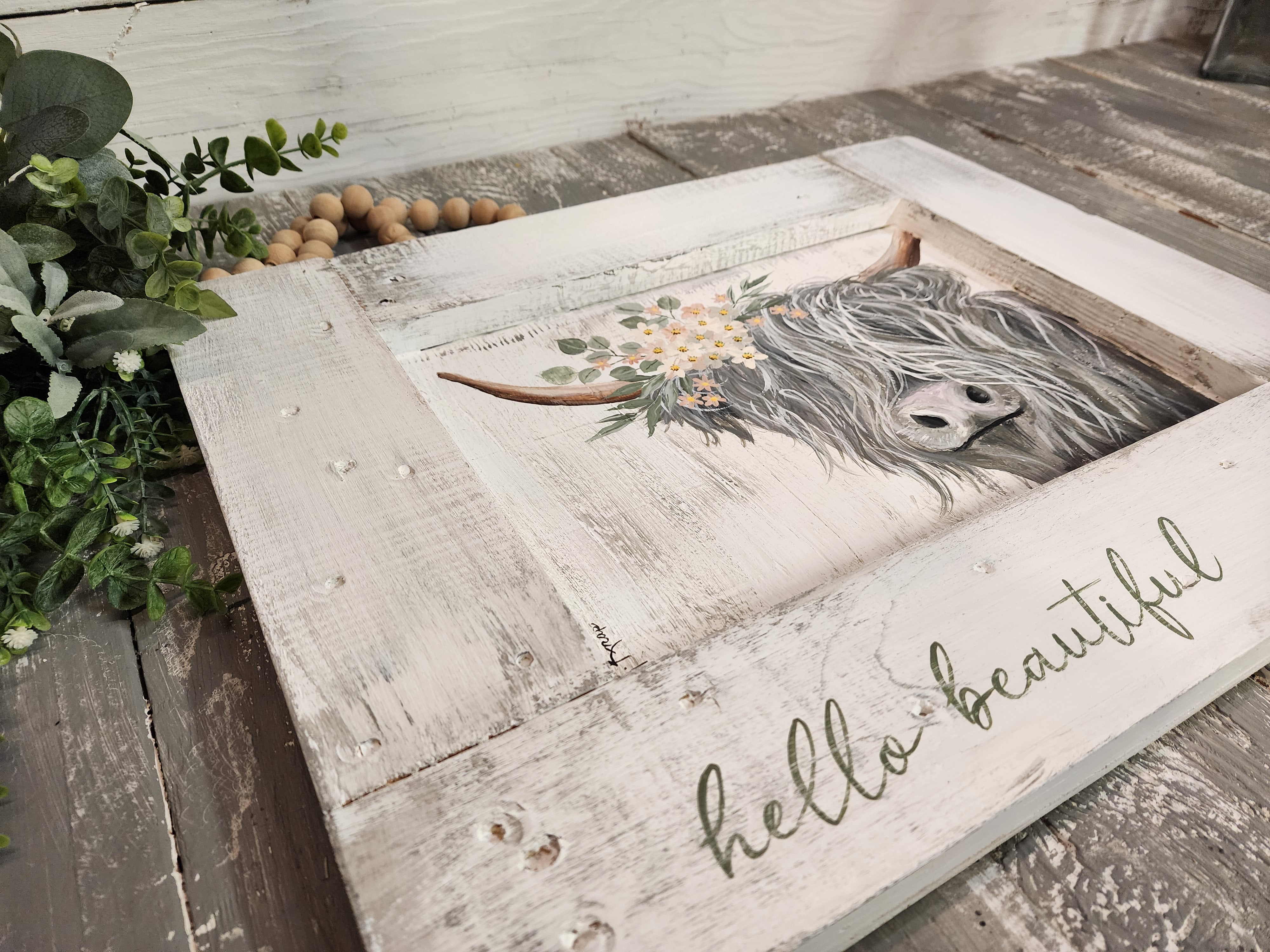 Highland cow with flower crown, Grey nursery decor hand painted on rustic recycled pallet wood, hello beautiful, peach cream flowers