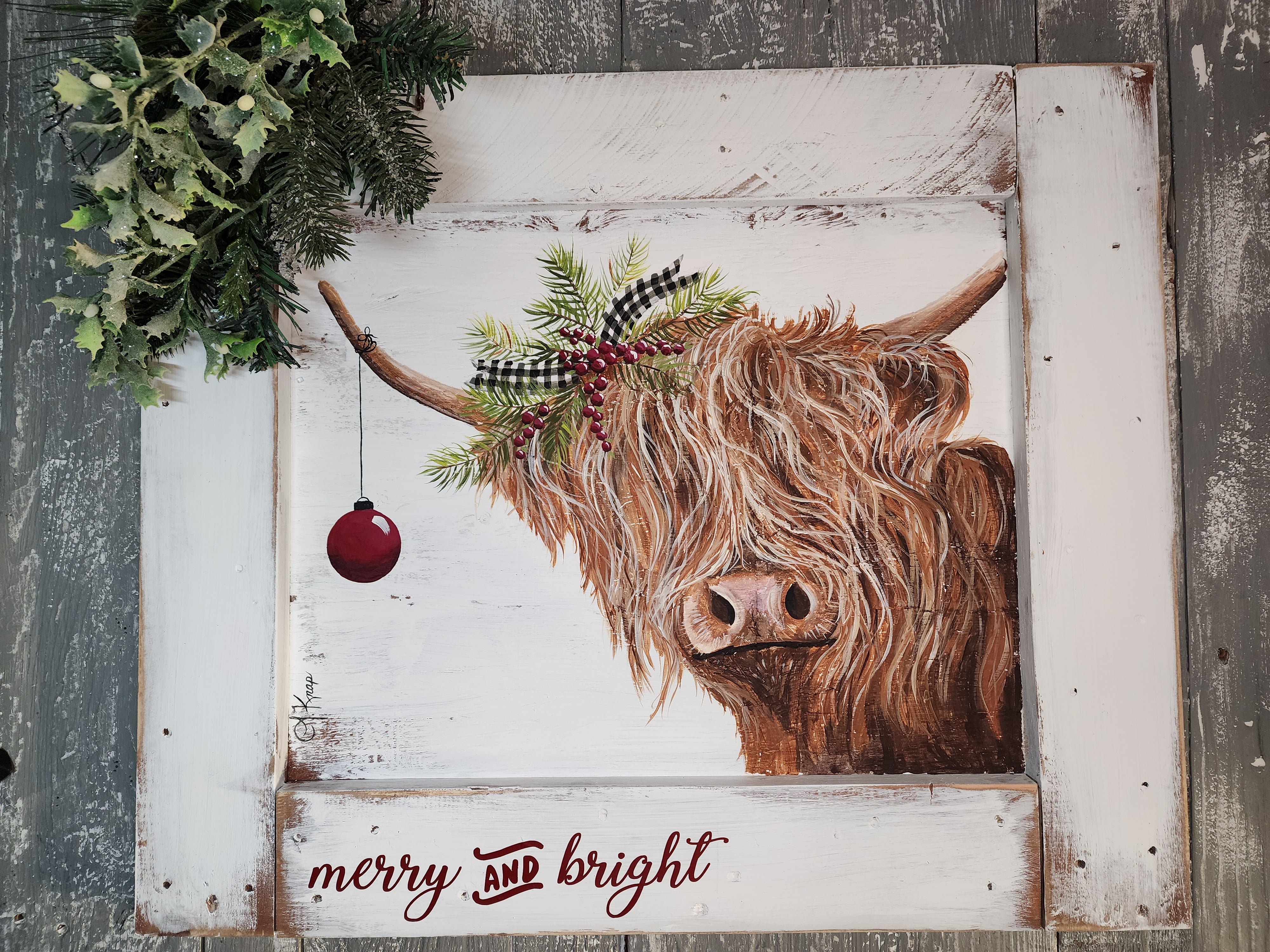 Christmas Highland cow with everygreens and red berries, hand painted, Merry and Bright, pine branch with buffalo plaid, Christmas decor