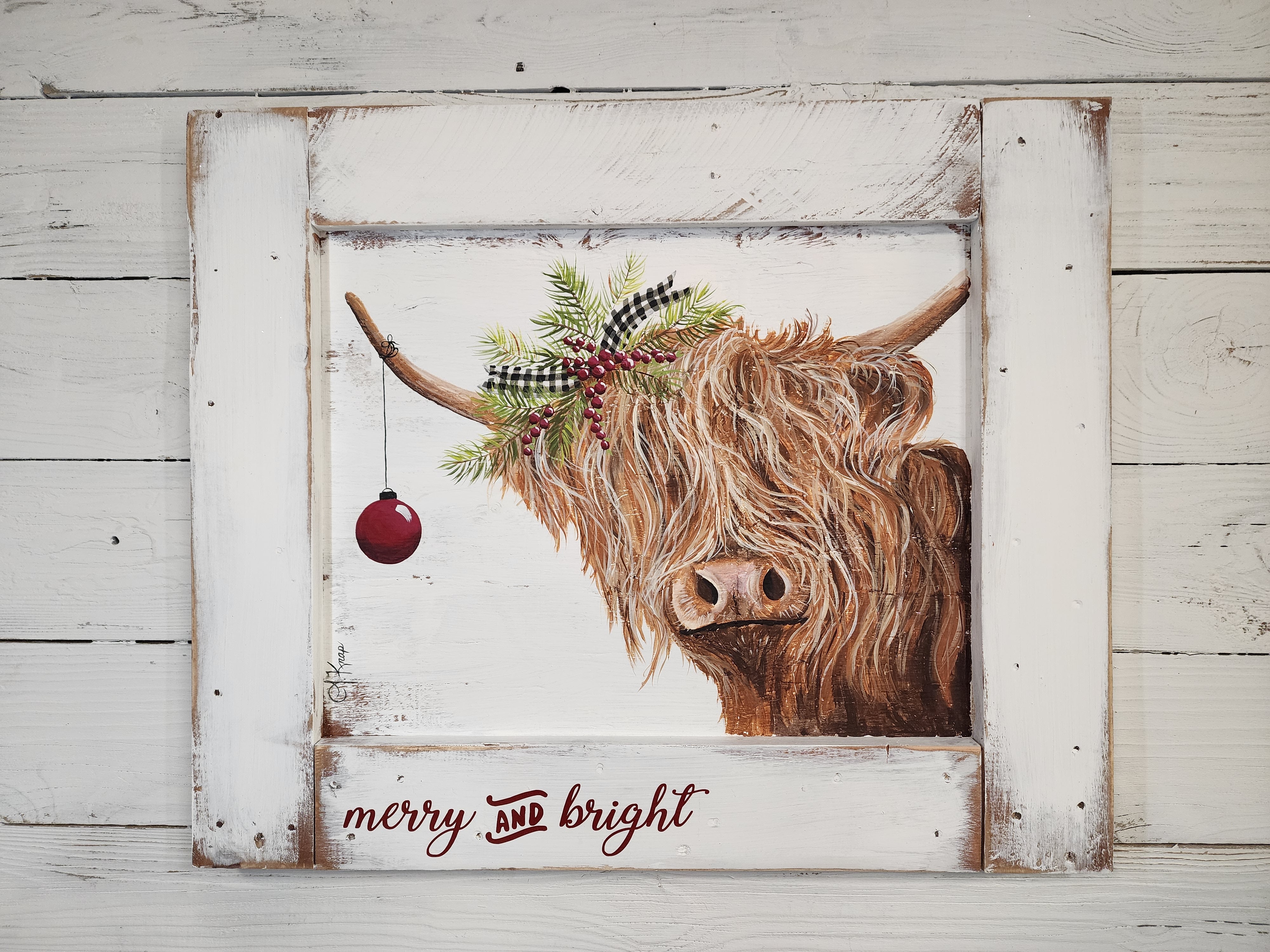 Christmas Highland cow with everygreens and red berries, hand painted, Merry and Bright, pine branch with buffalo plaid, Christmas decor