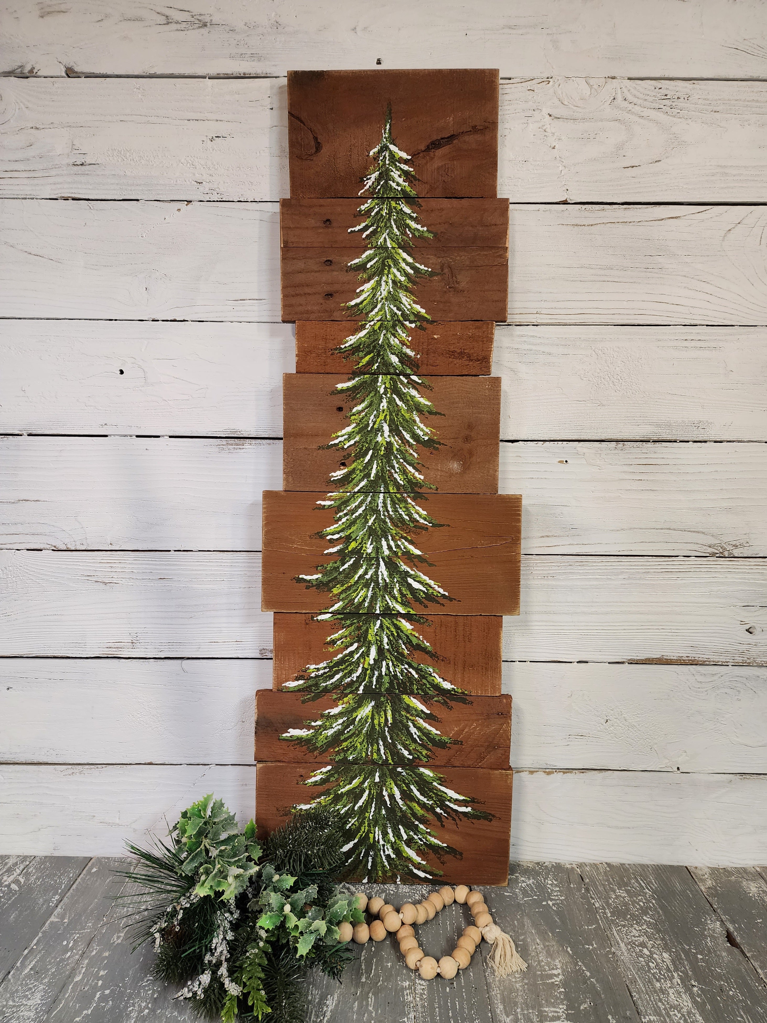 Hand Painted Pine tree on pallet wood, Winter cottage decor, Farmhouse style Evergreen, Christmas tree