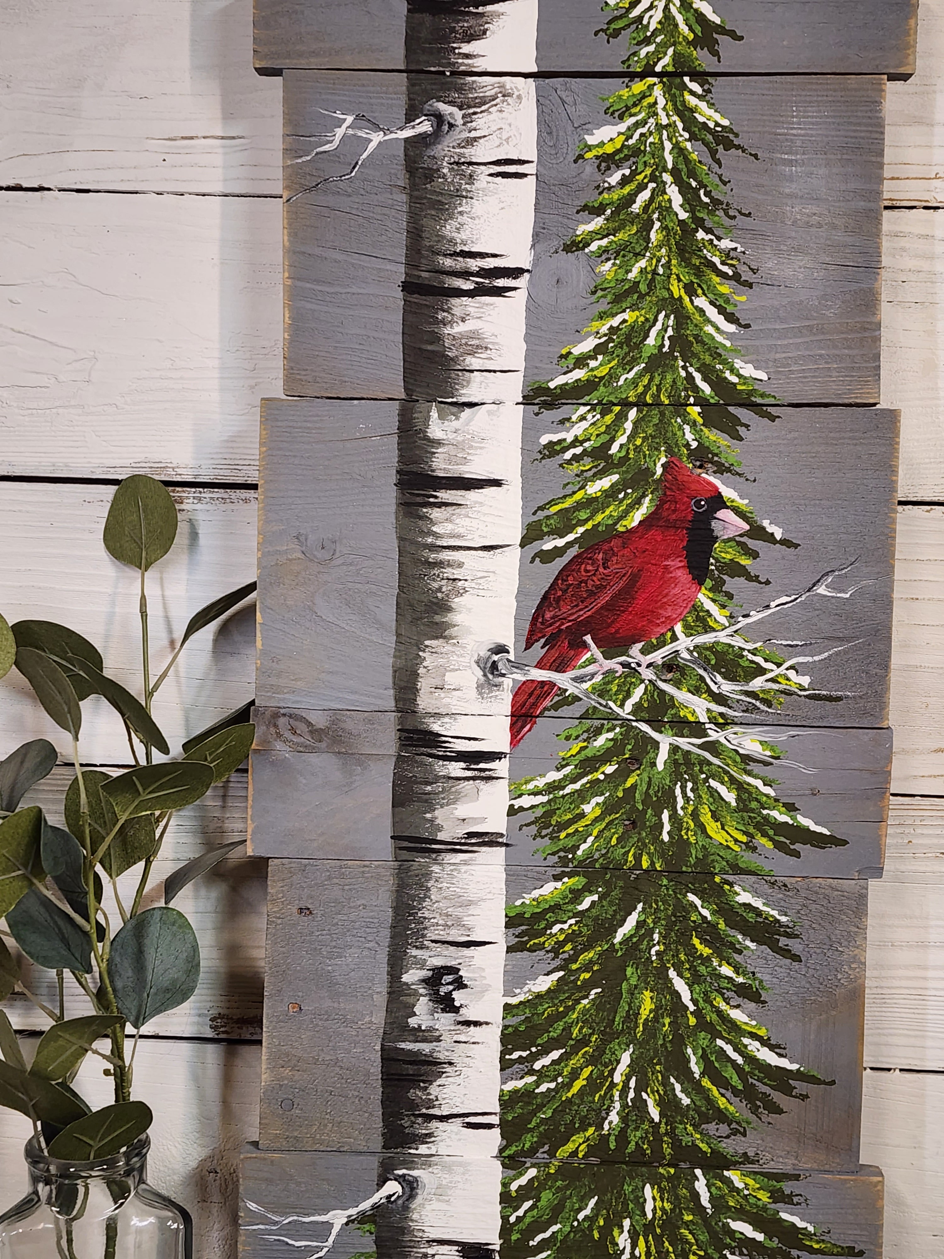 Hand painted Cardinal in winter pine tree, Tall White Birch and evergreen with snow on pallet wood