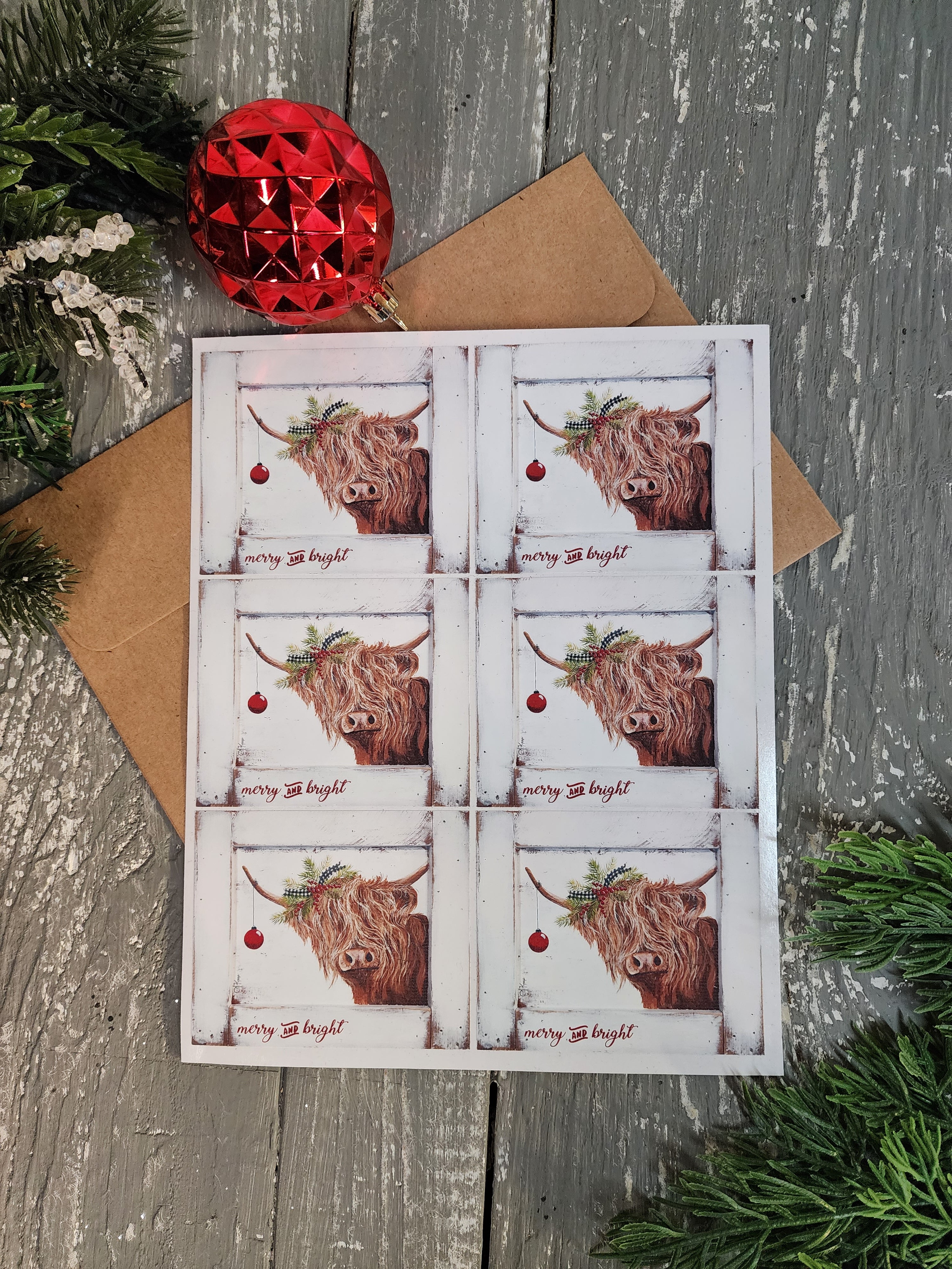 Christmas highland cow stickers, Vinyl artwork sticker sheet, Laptop decorative sticker, Holiday card seal, water bottle decoration