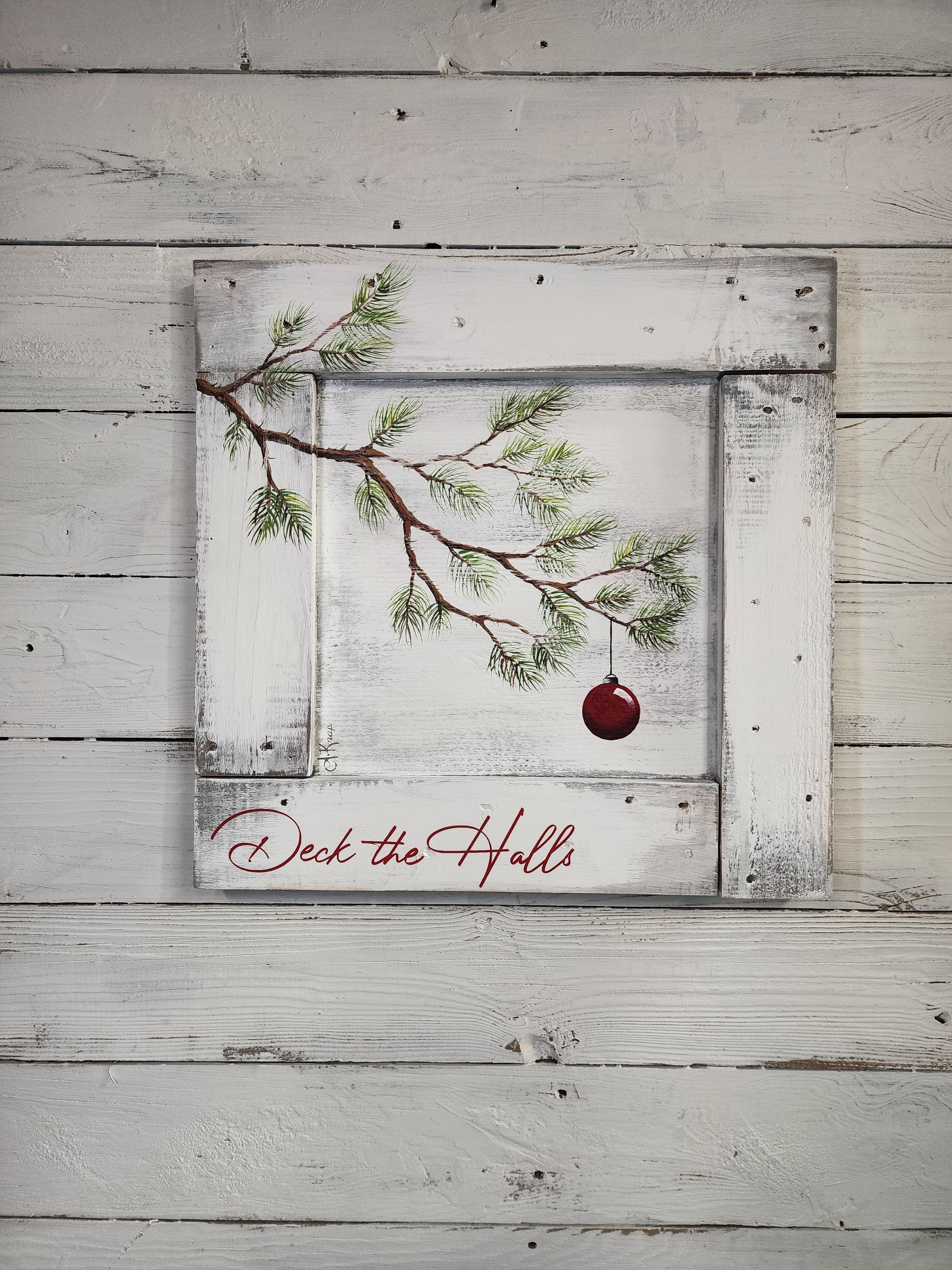 Christmas pine branches with red ornament, hand painted on whitewashed pallet wood, Deck the Halls, Christmas rustic farmhouse decor