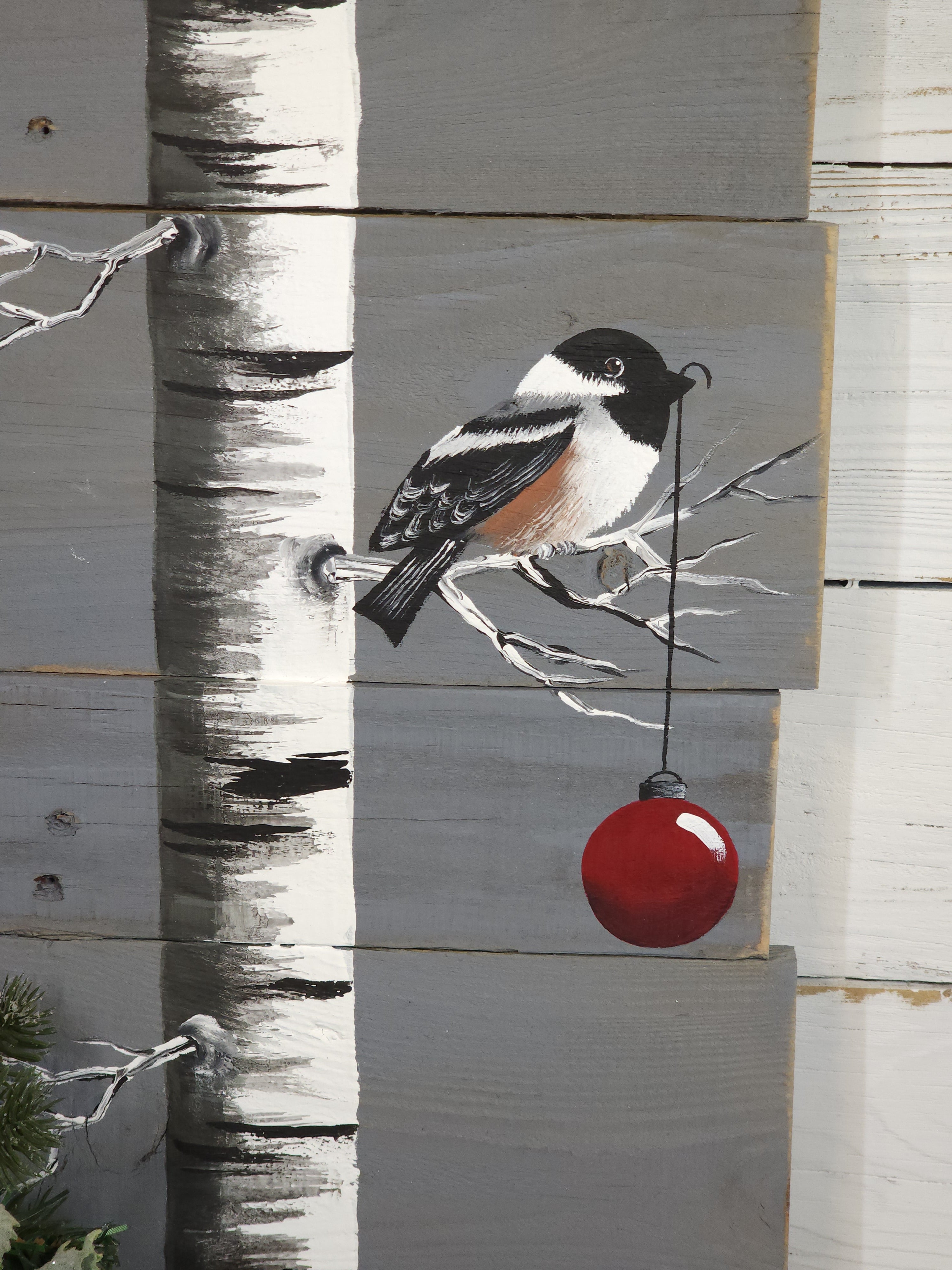Christmas white birch painting on pallet wood, hand painted chickadee bird, Farmhouse holiday decor