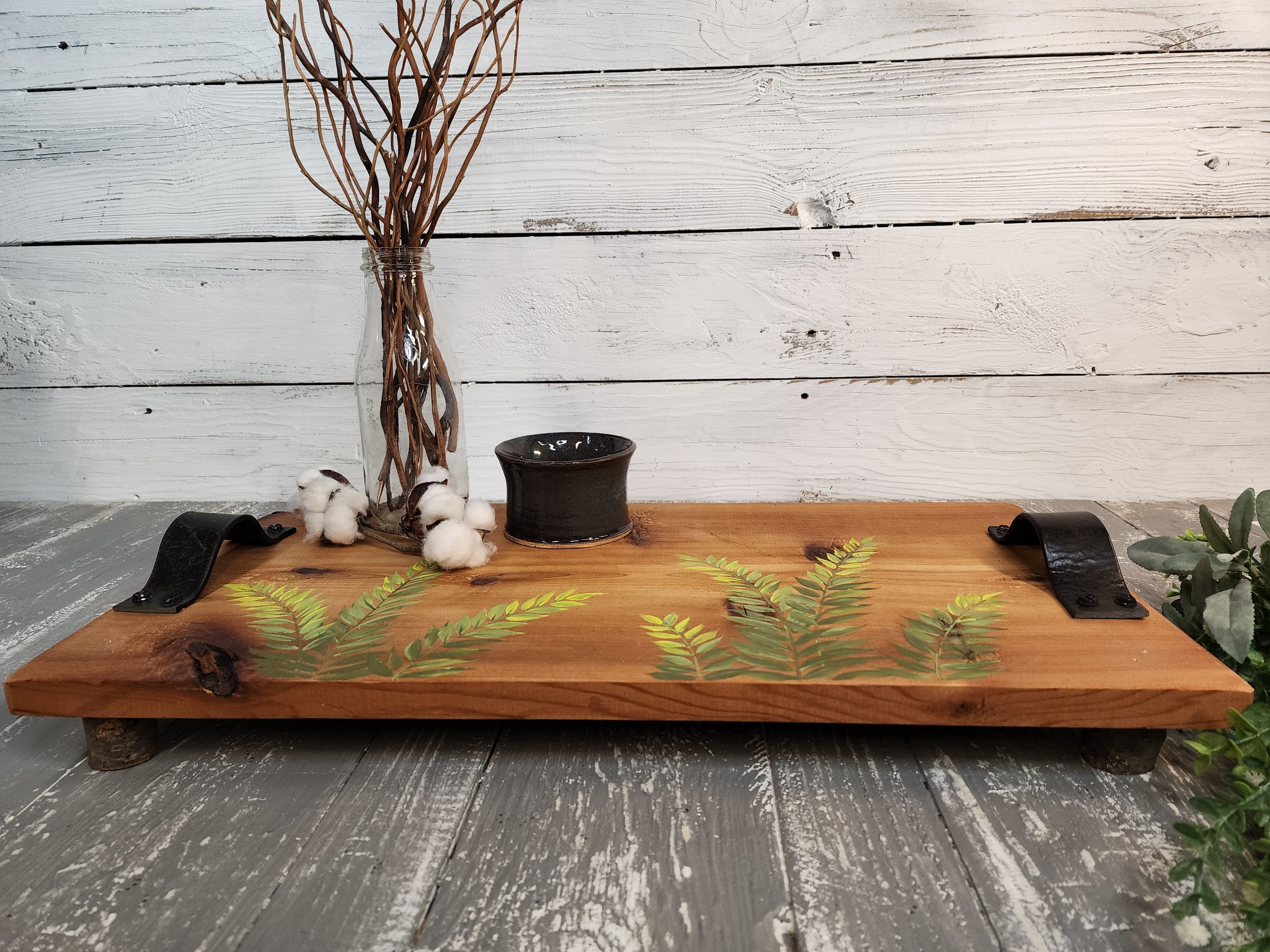 Large riser pedestal natural cedar wood tray, Custom hand painted charcuterie board, vintage wood riser display stand, farmhouse tray, Ferns