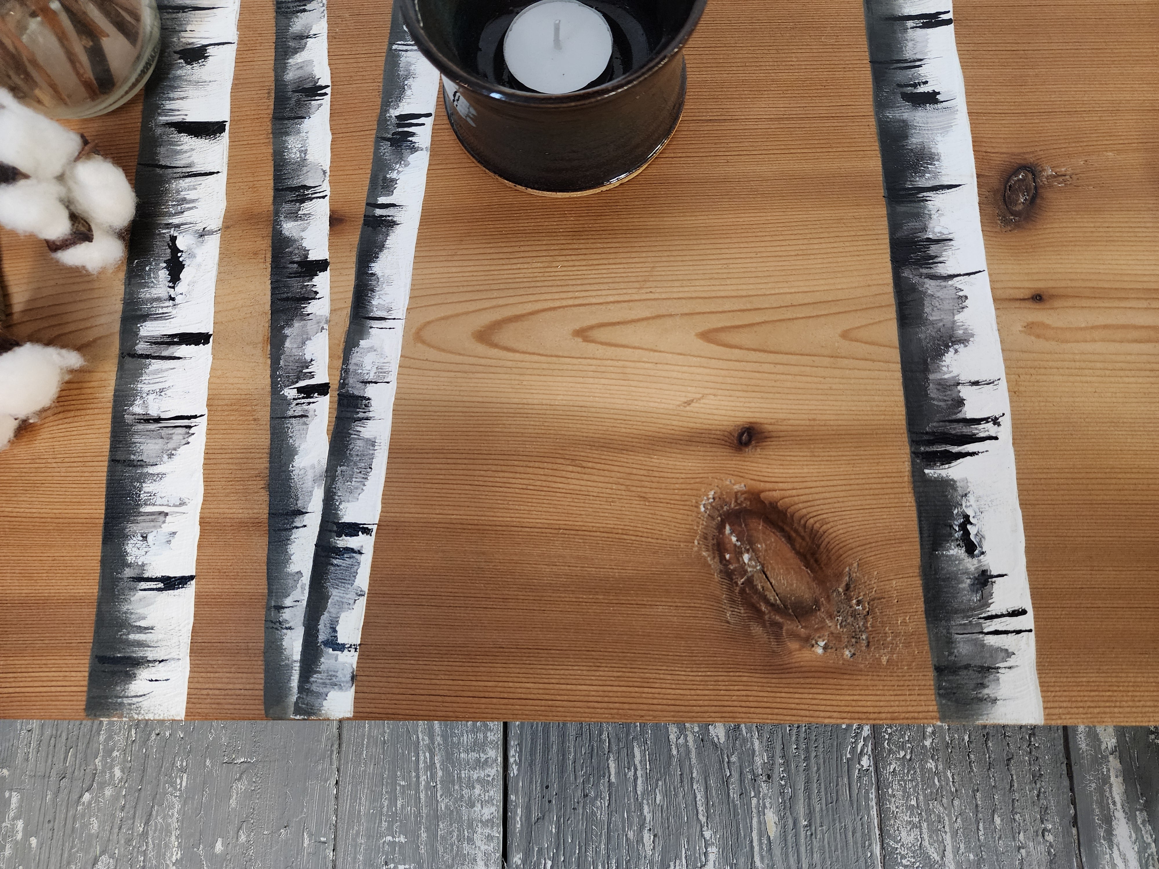 Large riser pedestal natural cedar wood tray, Custom hand painted charcuterie board, vintage wood riser display stand, White birch trees