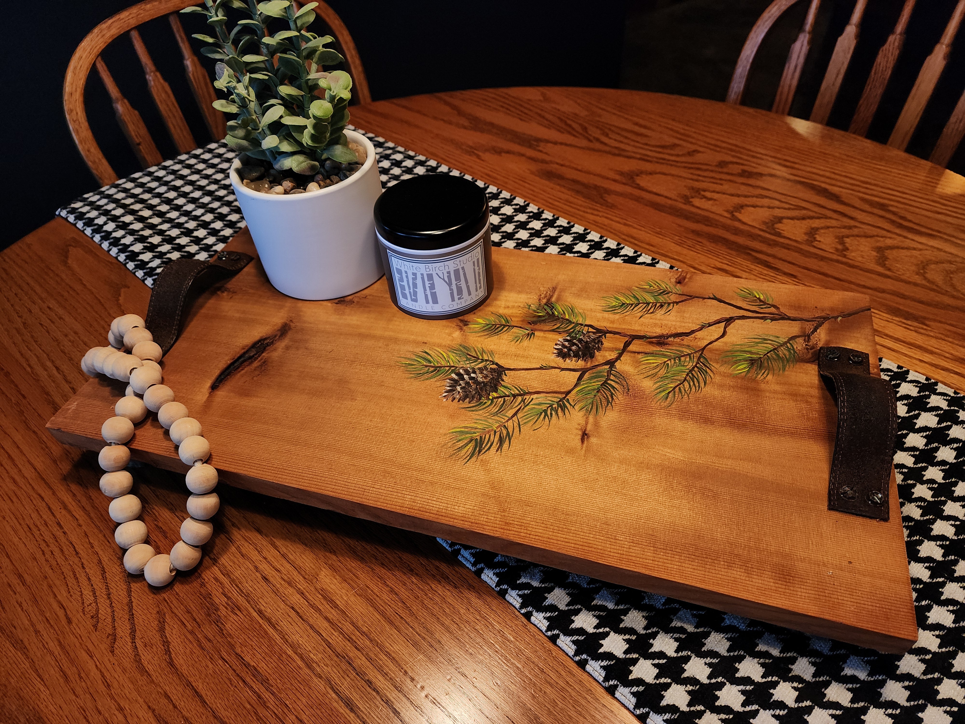 Large riser pedestal natural cedar wood tray, Custom hand painted charcuterie board, vintage wood riser display stand, Pine cones