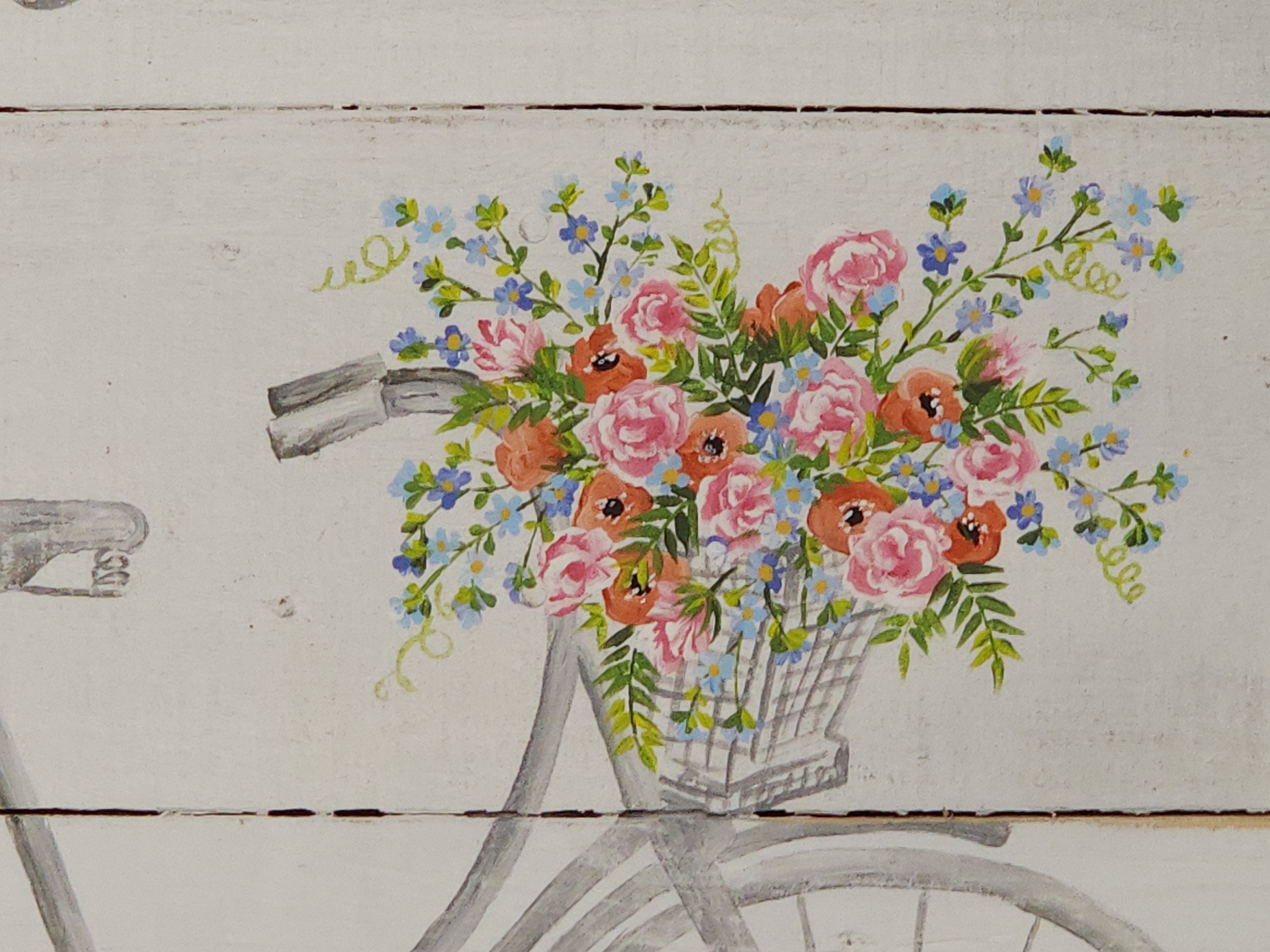 White washed Farmhouse flower decor, hand painted Antique bike with basket of spring flowers on pallet wood