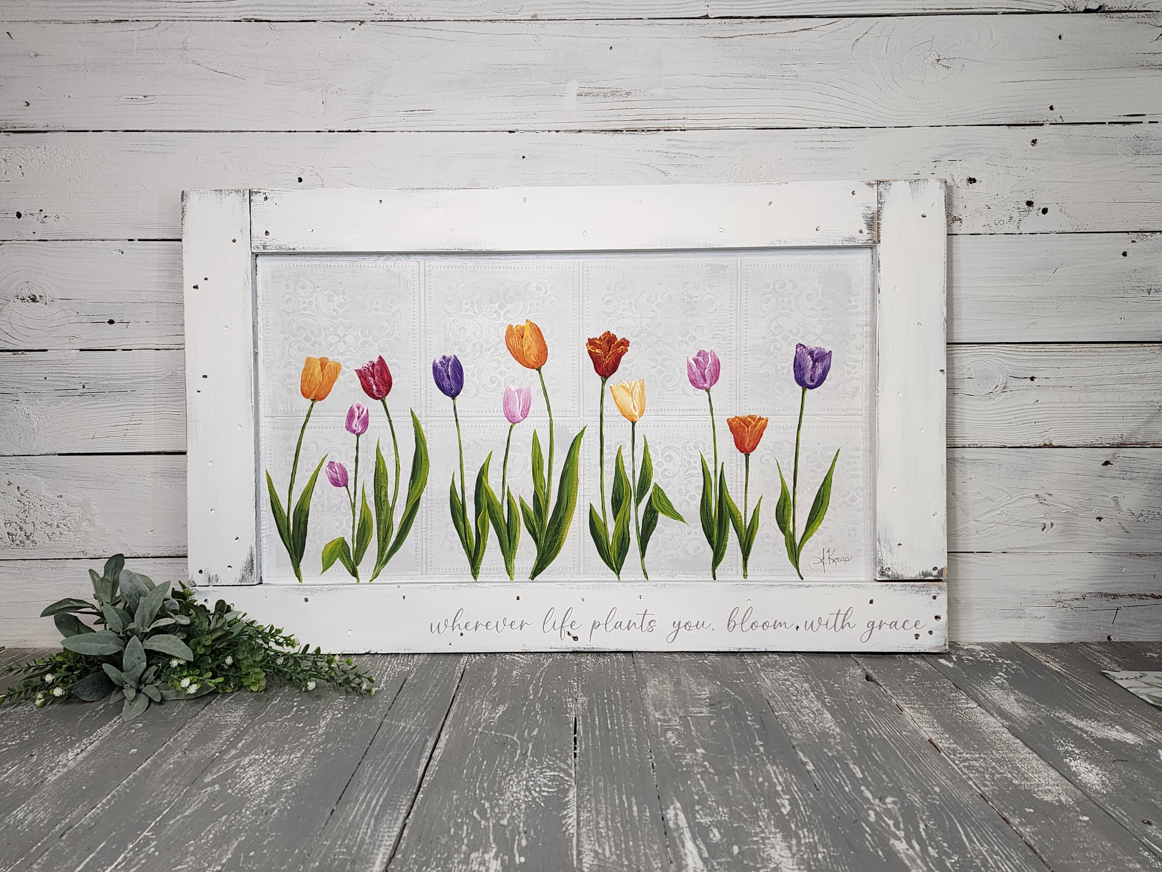 Spring tulip painting, Summer cottage porch wall art, grace word sign, hand Painted Multicolored Tulips on Recycled Pallet Wood