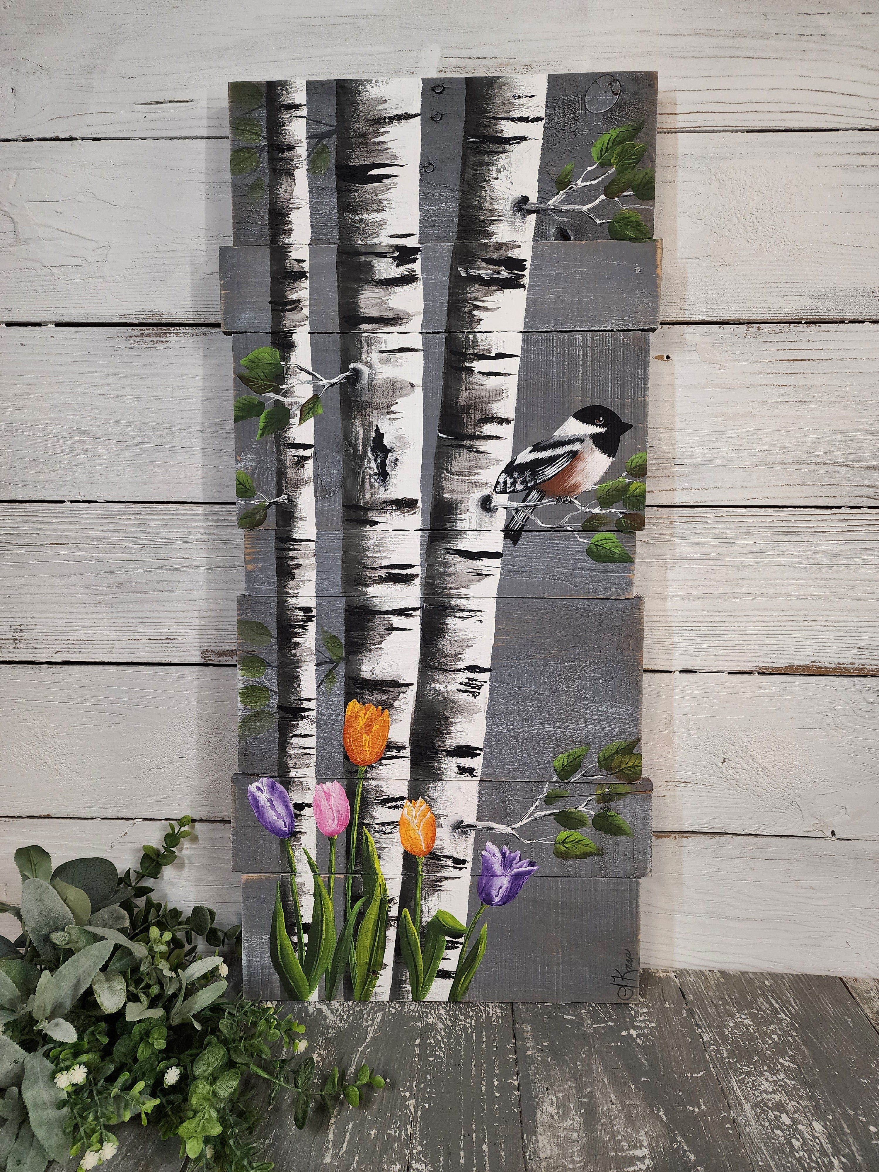 Spring tulip painting with white Birch, hand painted chickadee, Gray Pallet wood wall art, Barn wood wall art