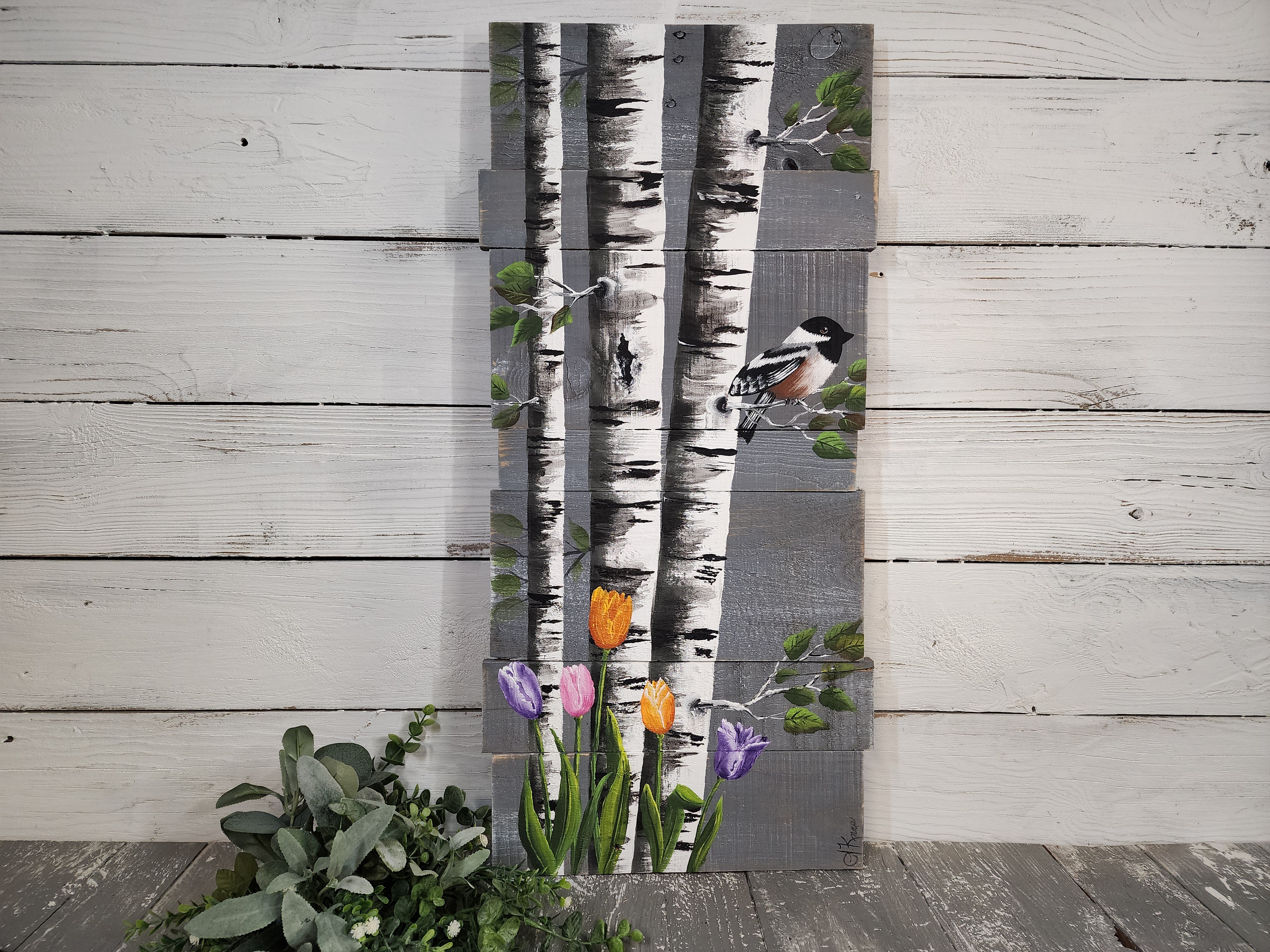 Spring tulip painting with white Birch, hand painted chickadee, Gray Pallet wood wall art, Barn wood wall art