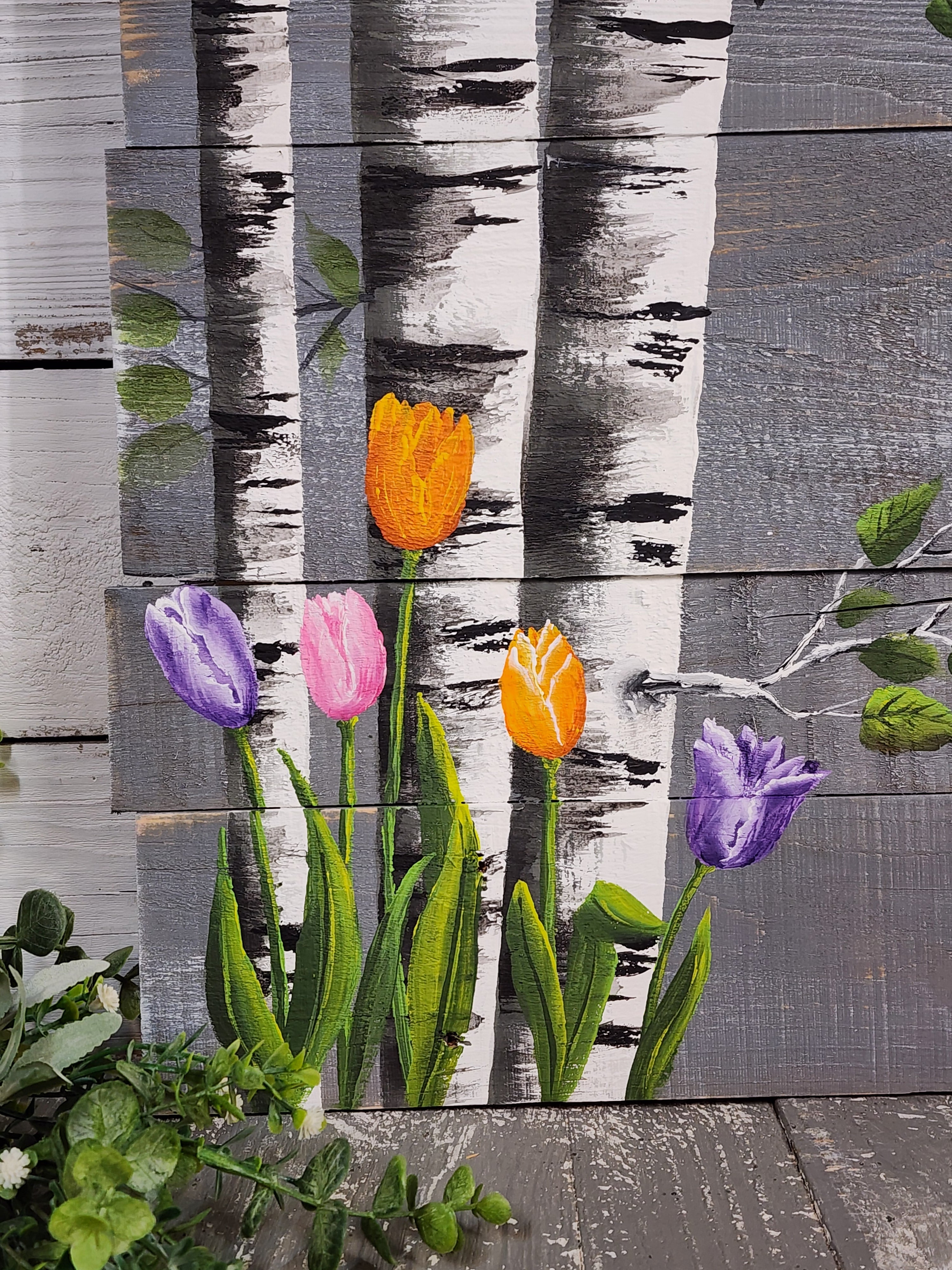 Spring tulip painting with white Birch, hand painted chickadee, Gray Pallet wood wall art, Barn wood wall art