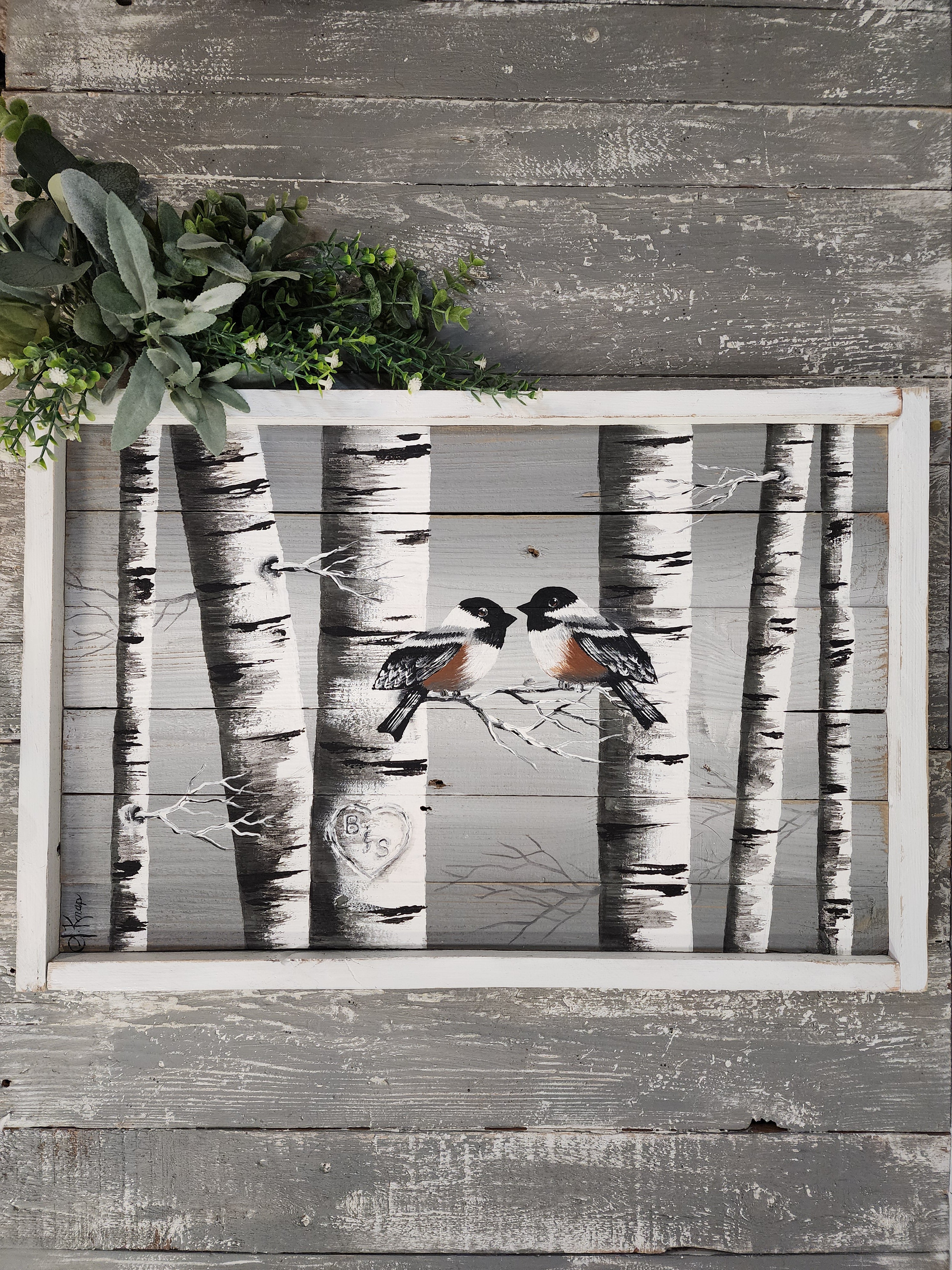 Romantic Wedding White Birch Painting gift, carved heart in aspen tree with birds on a branch, Pallet wood wall art