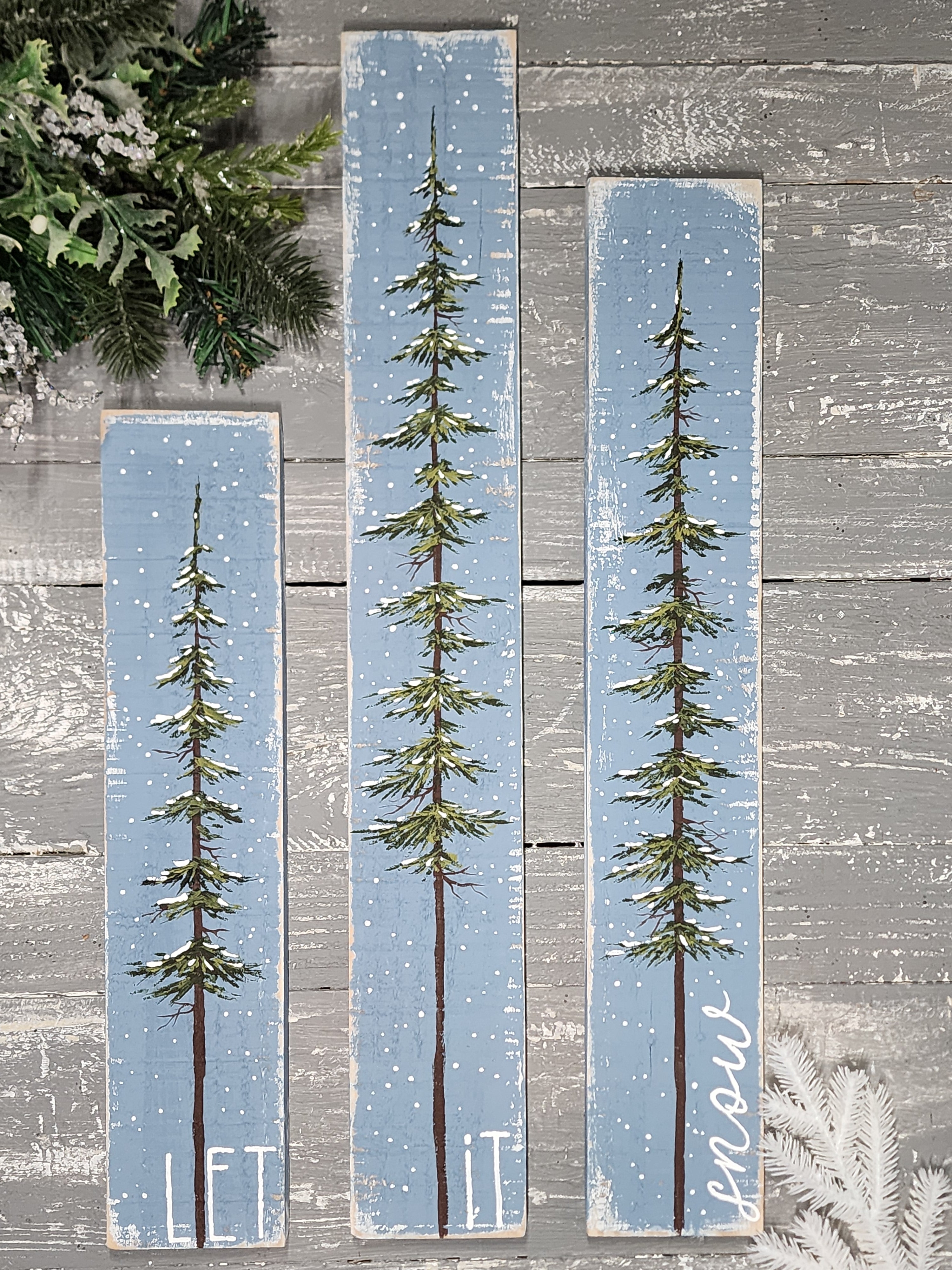 3 piece Christmas tree sign, Let it snow painting, snow covered pine trees, Christmas shelf sitters, mantel decor standing wood signs