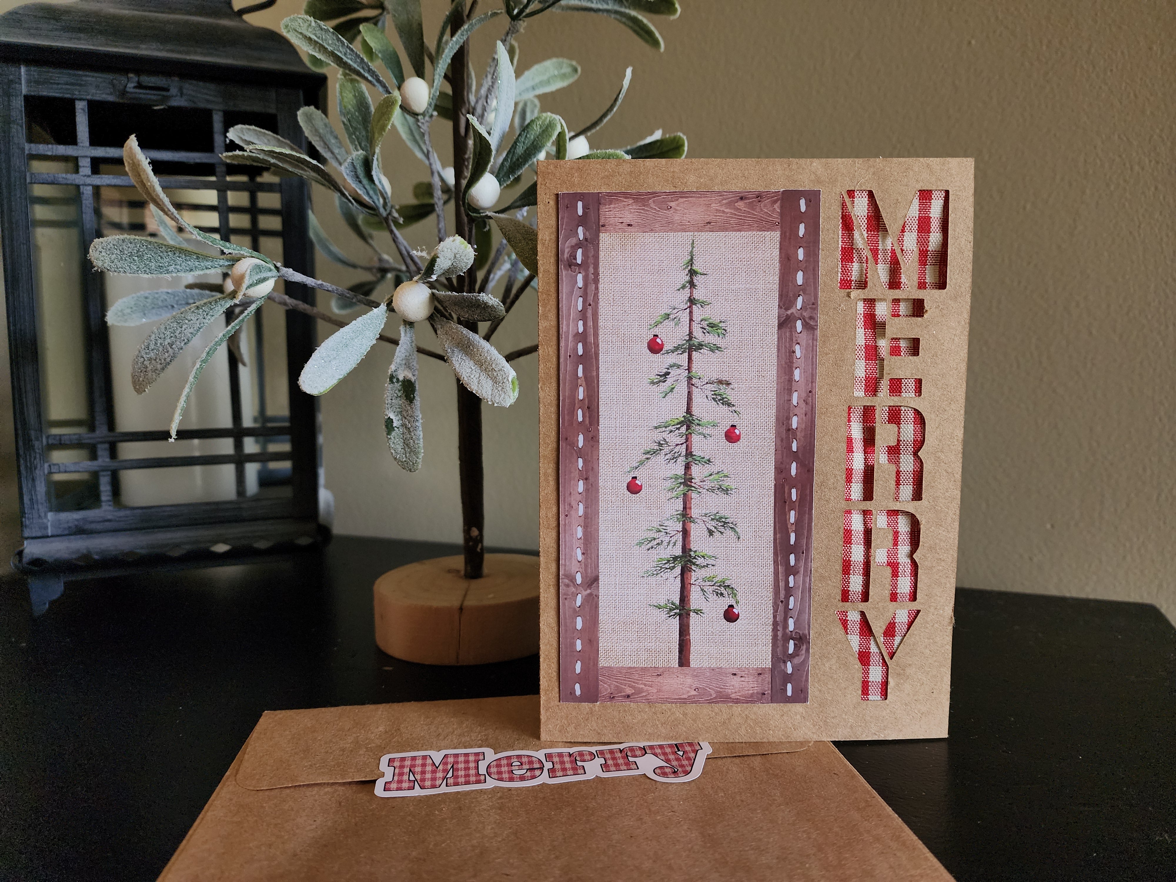 Six (6) Handmade Christmas cards with painting print of rustic Christmas tree, red plaid ribbon "MERRY"  Farmhouse brown craft paper