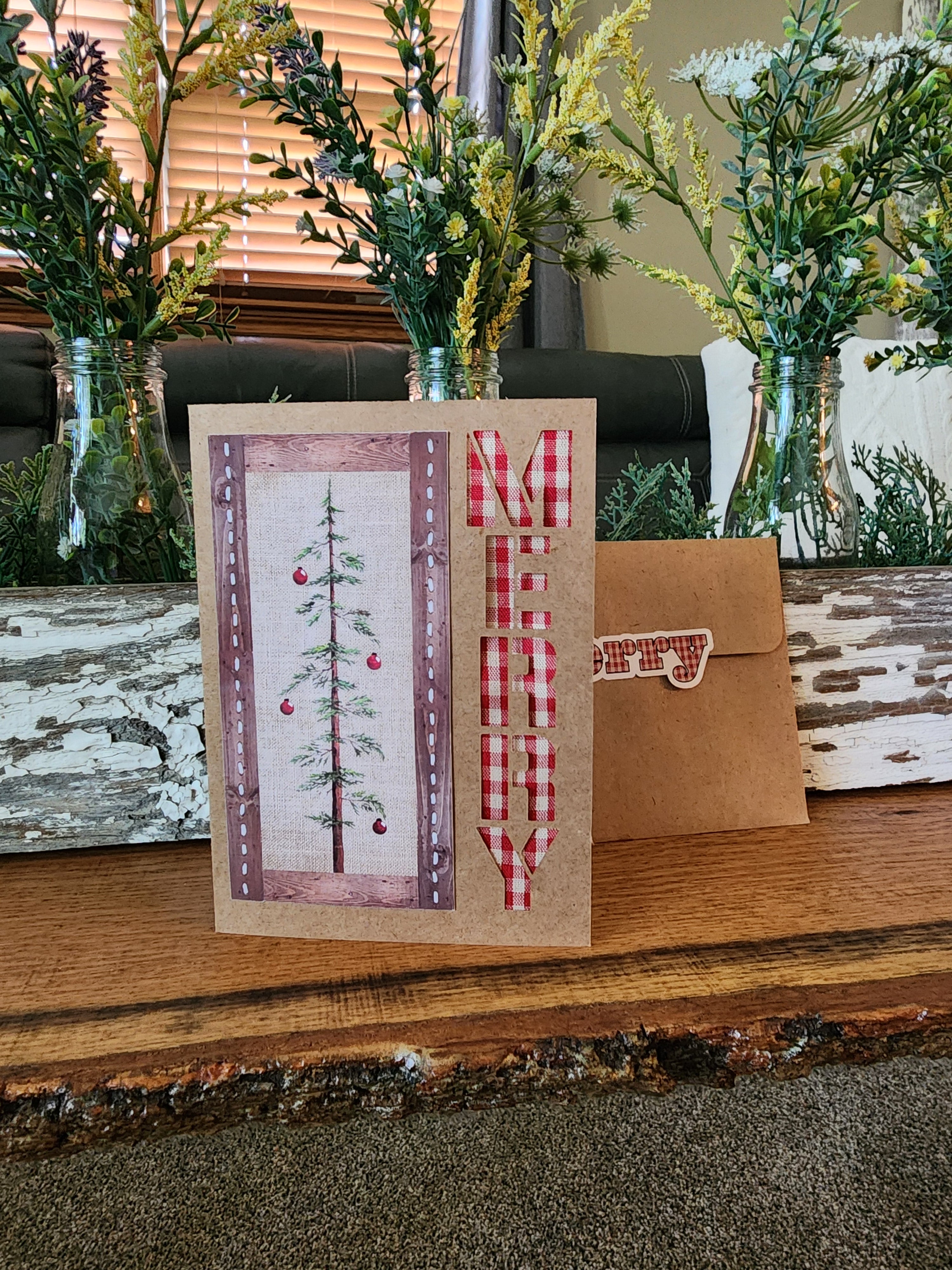 Six (6) Handmade Christmas cards with painting print of rustic Christmas tree, red plaid ribbon "MERRY"  Farmhouse brown craft paper