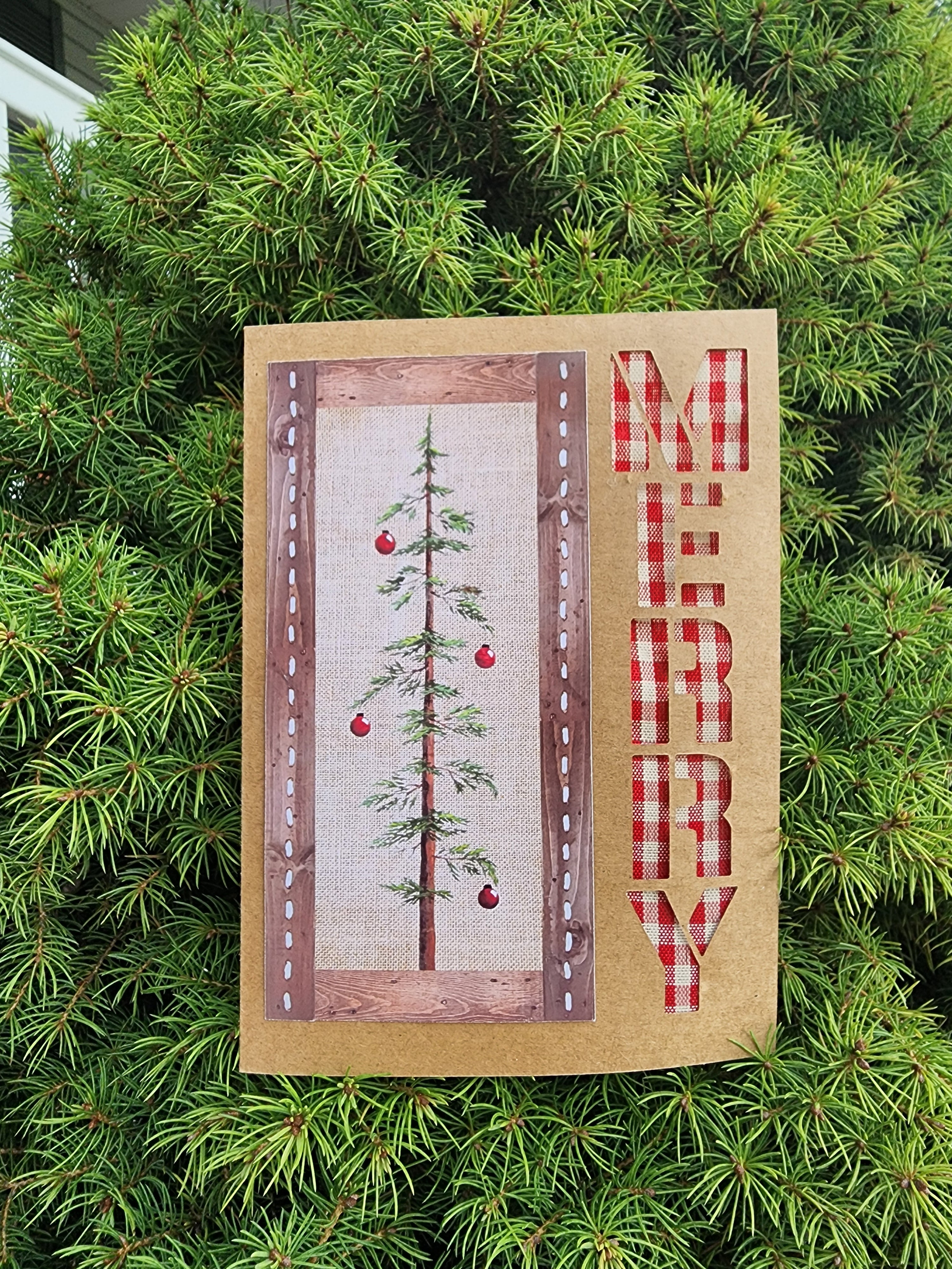 Six (6) Handmade Christmas cards with painting print of rustic Christmas tree, red plaid ribbon "MERRY"  Farmhouse brown craft paper