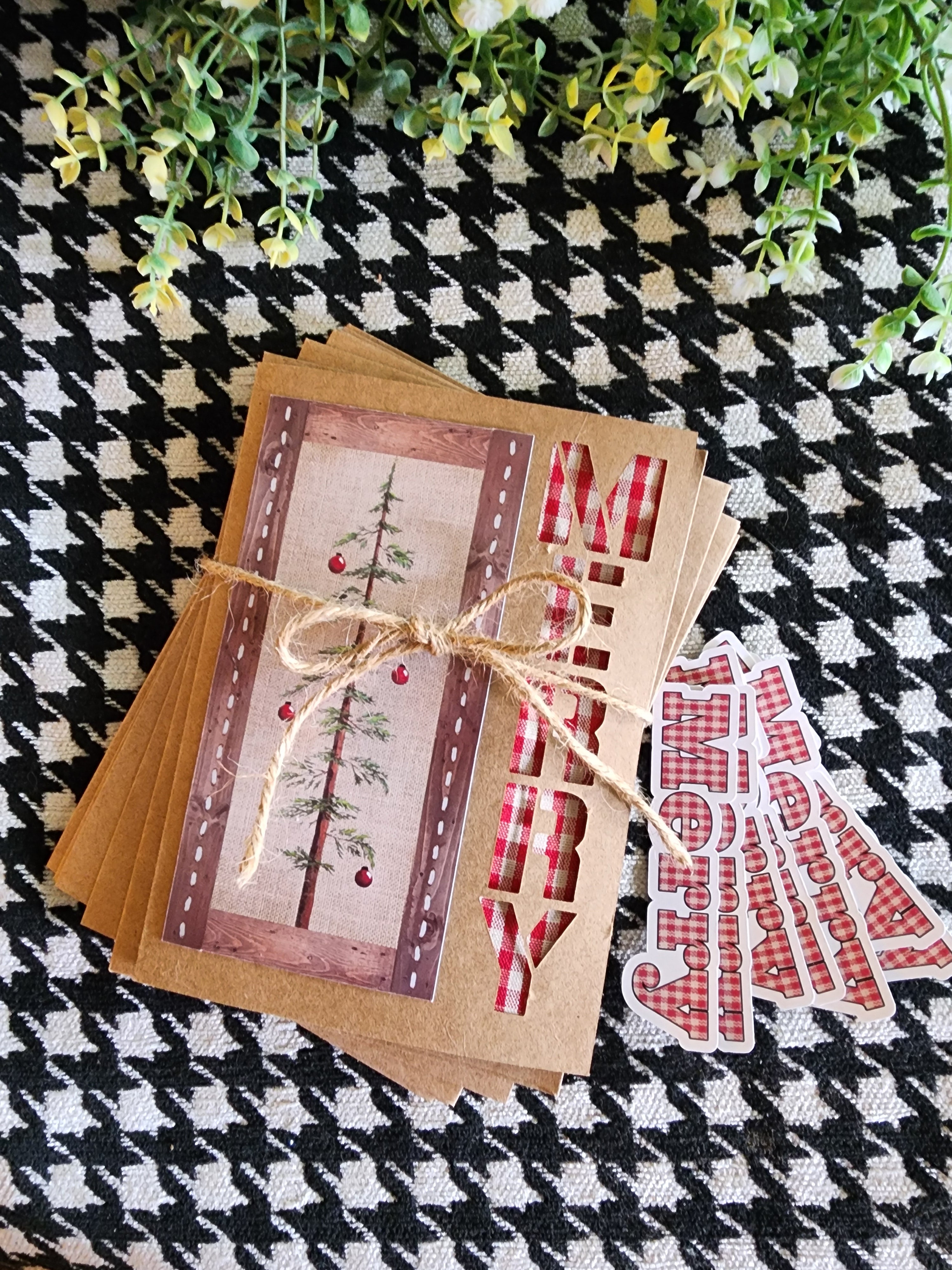 Six (6) Handmade Christmas cards with painting print of rustic Christmas tree, red plaid ribbon "MERRY"  Farmhouse brown craft paper