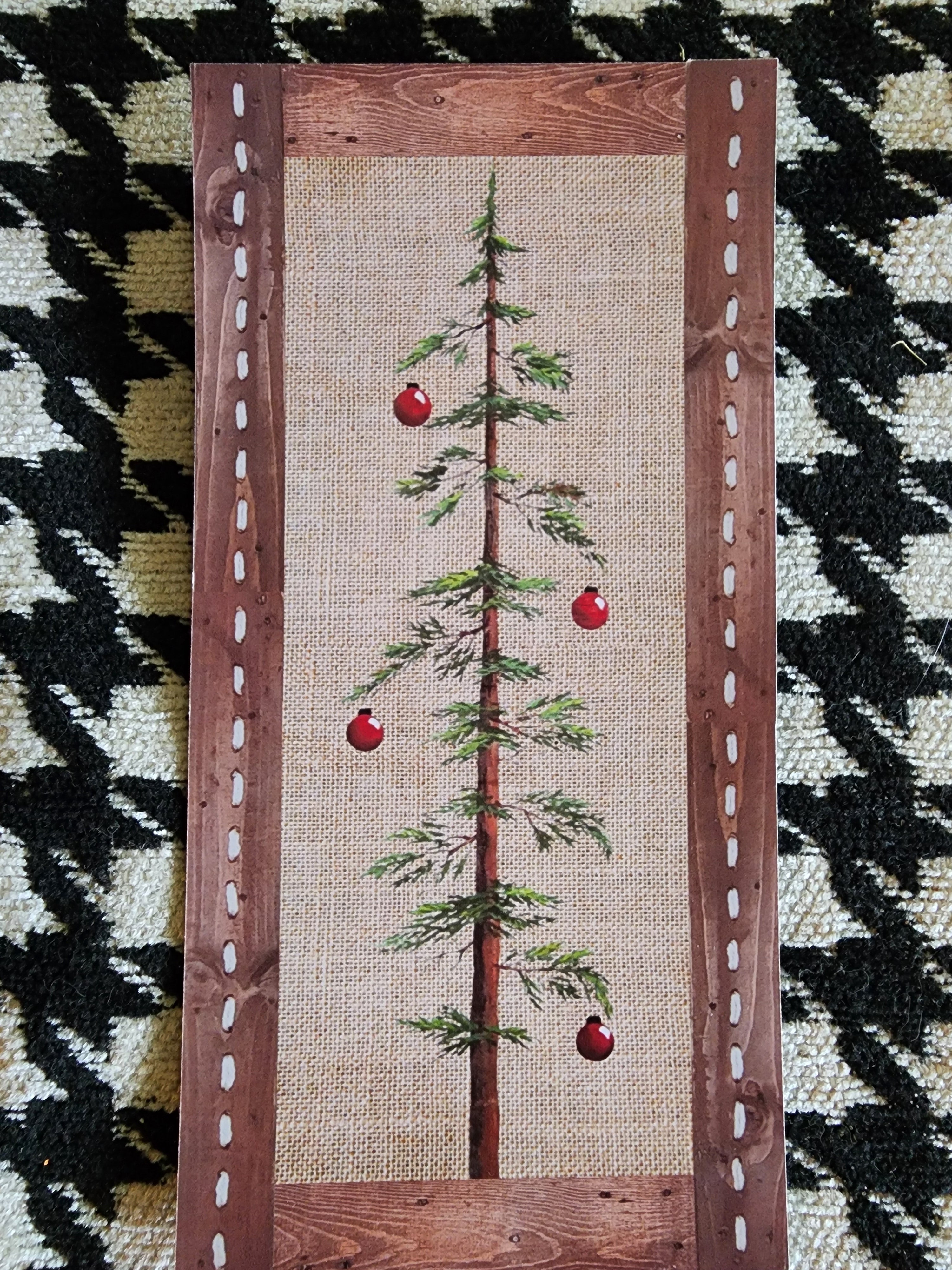 Single Handmade Christmas card with painting print of rustic Christmas tree, red plaid ribbon "MERRY"  Farmhouse brown craft paper