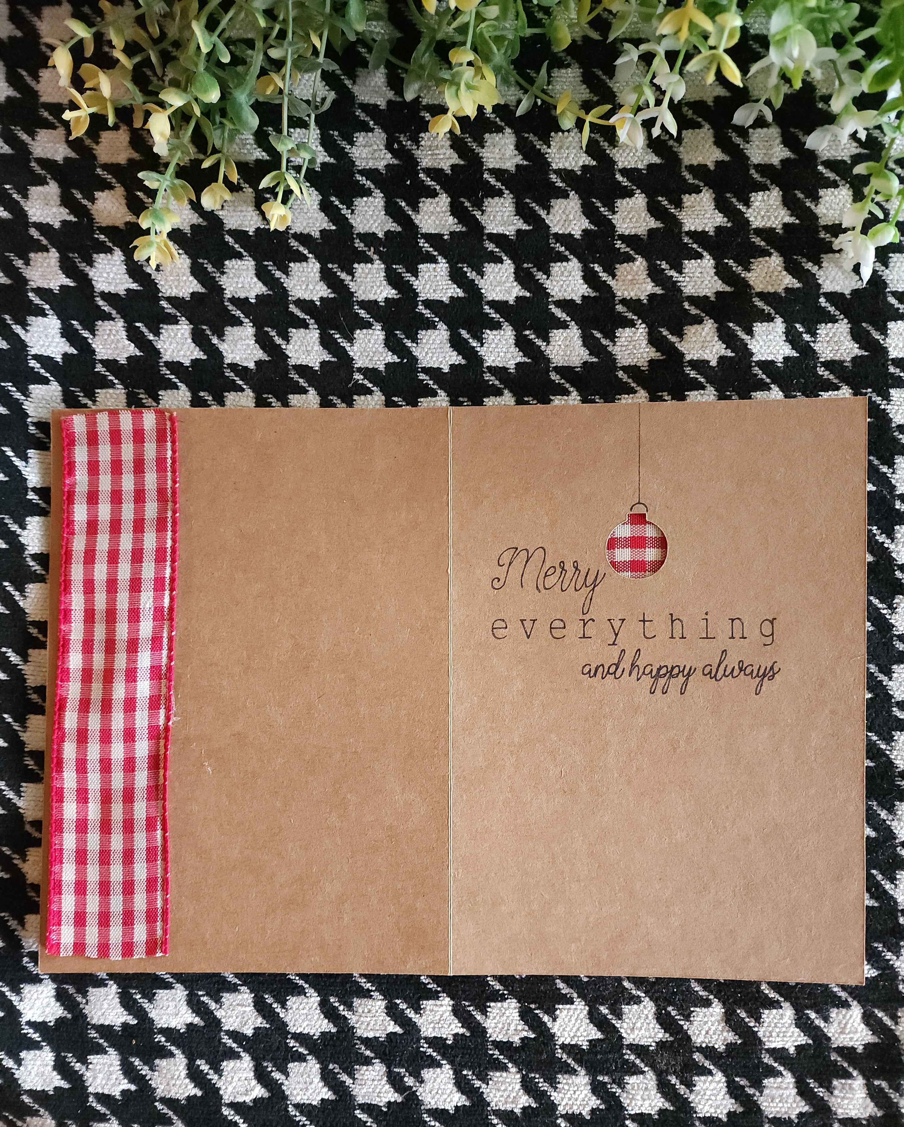 Single Handmade Christmas card with painting print of rustic Christmas tree, red plaid ribbon "MERRY"  Farmhouse brown craft paper