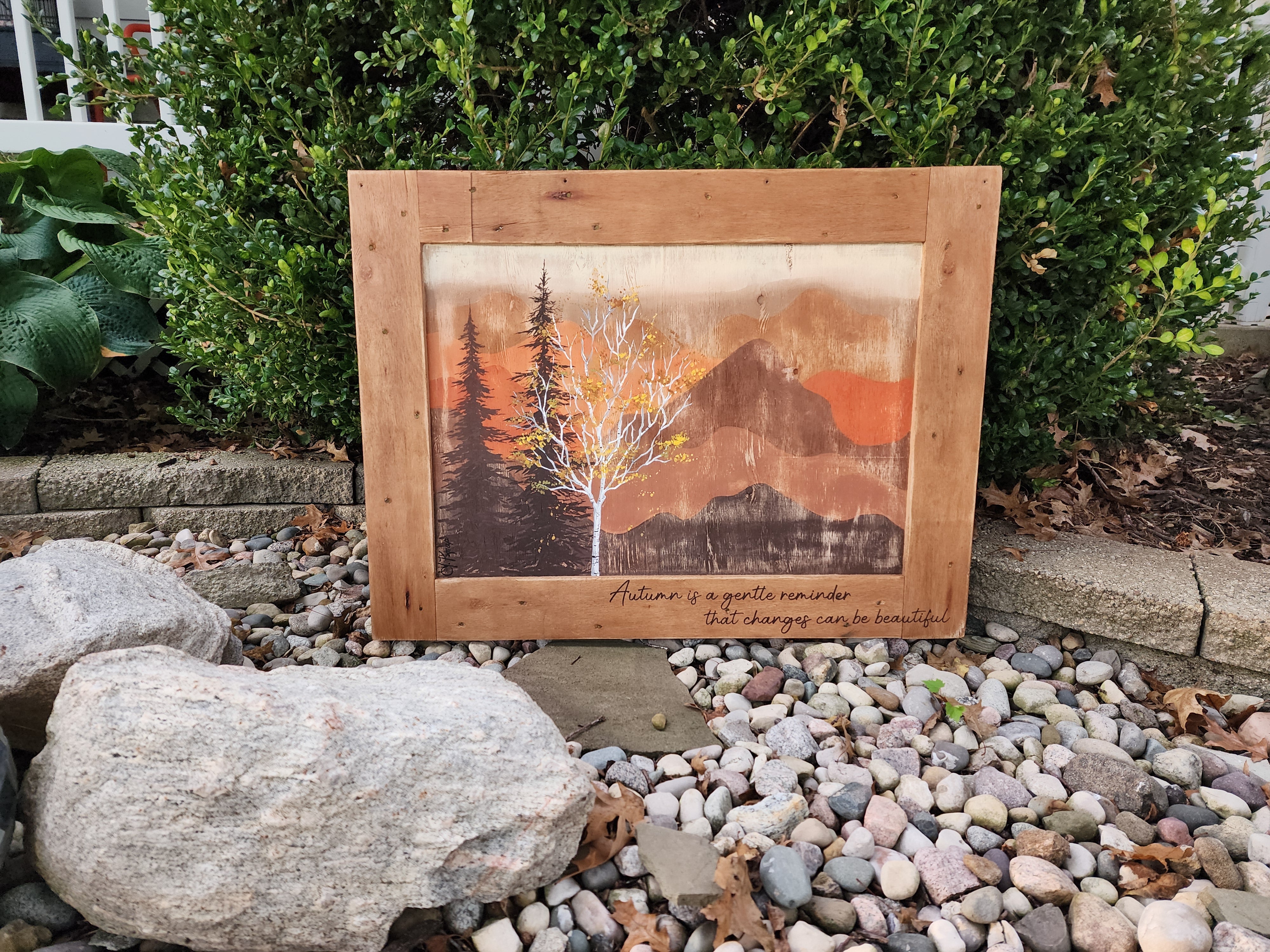 Autumn decorating with handpainted white birch Orange and browns neutral mountain decor with Fall word saying in rustic farmhouse frame