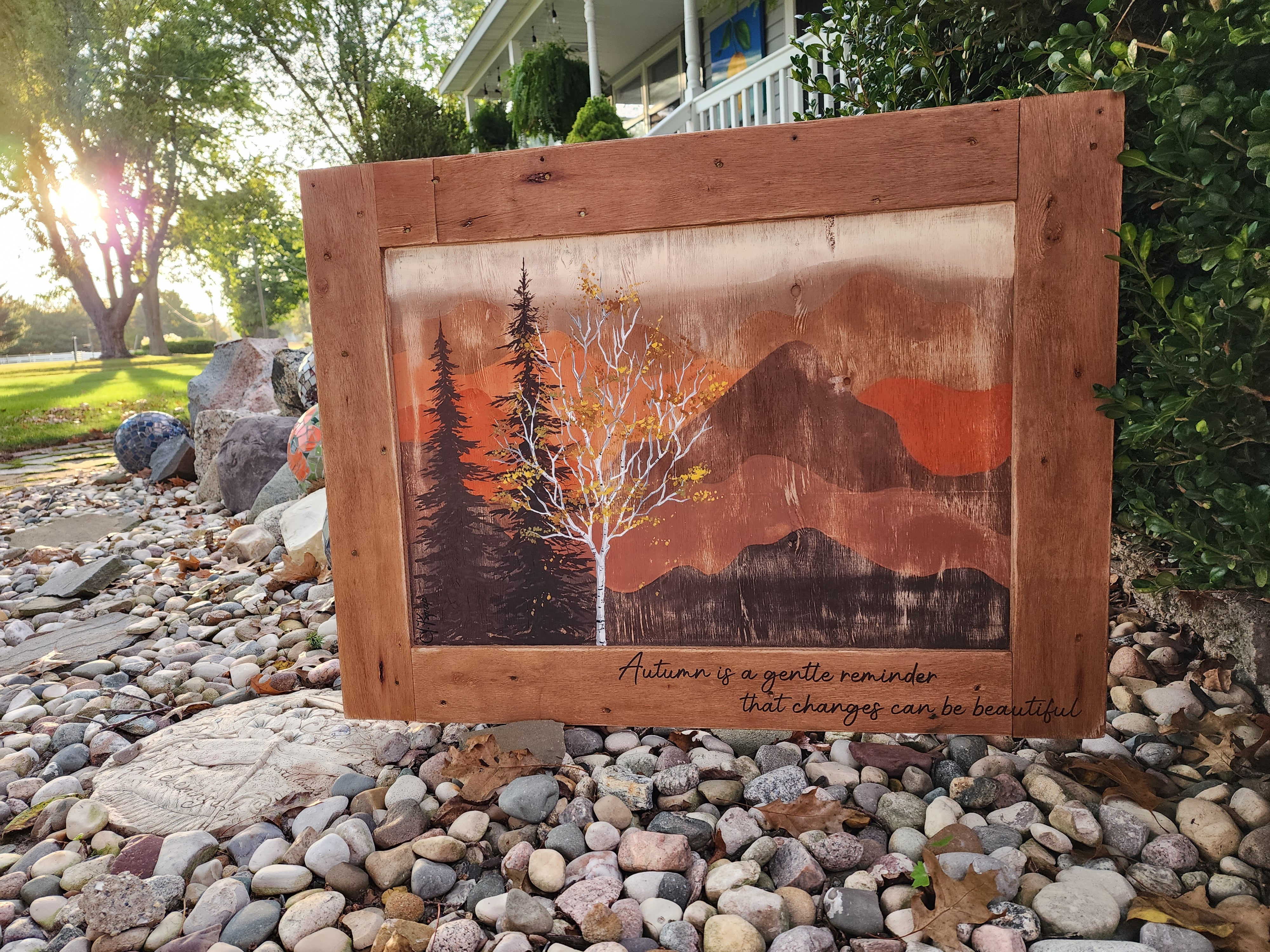 Autumn decorating with handpainted white birch Orange and browns neutral mountain decor with Fall word saying in rustic farmhouse frame