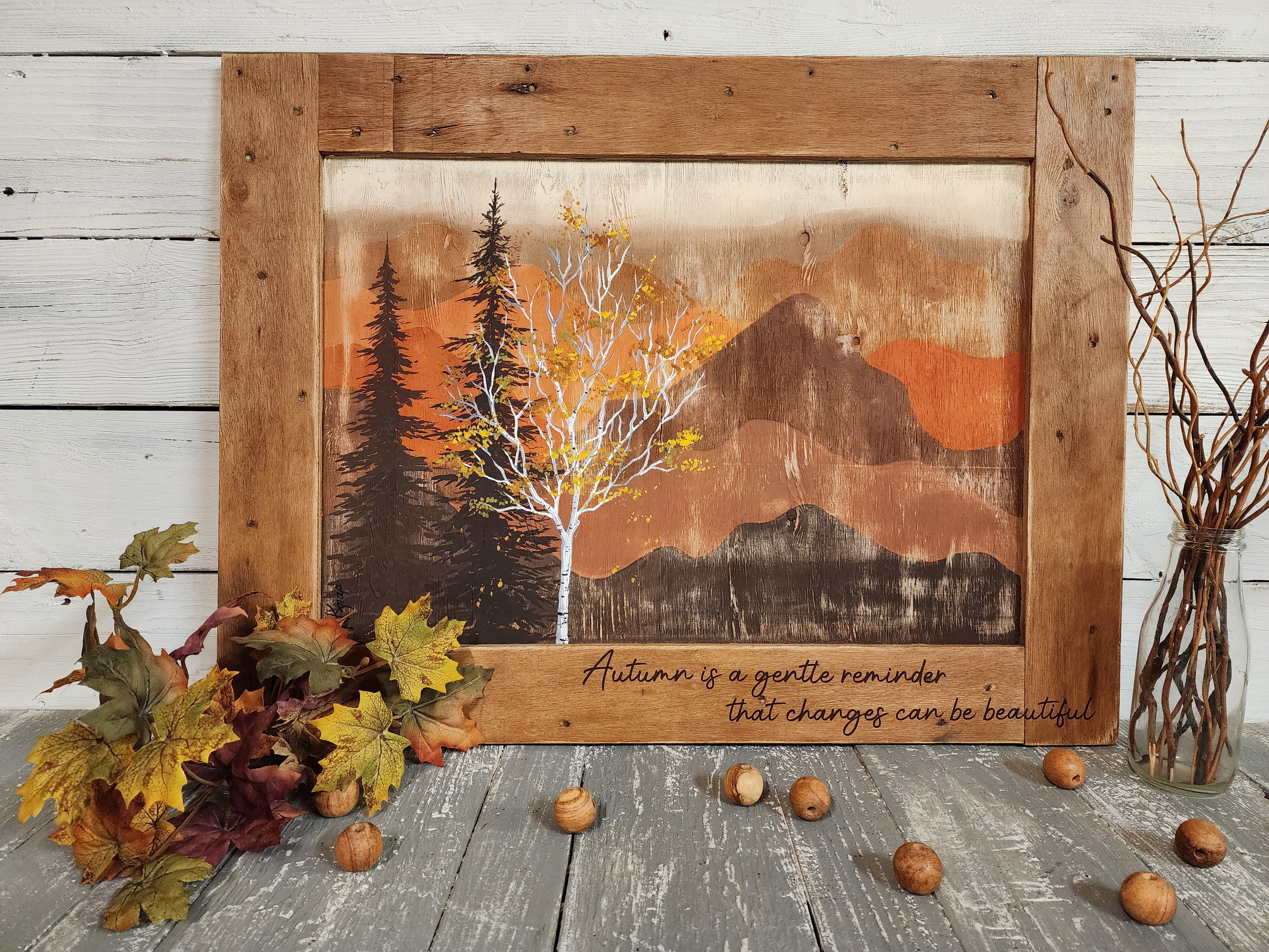 Autumn decorating with handpainted white birch Orange and browns neutral mountain decor with Fall word saying in rustic farmhouse frame