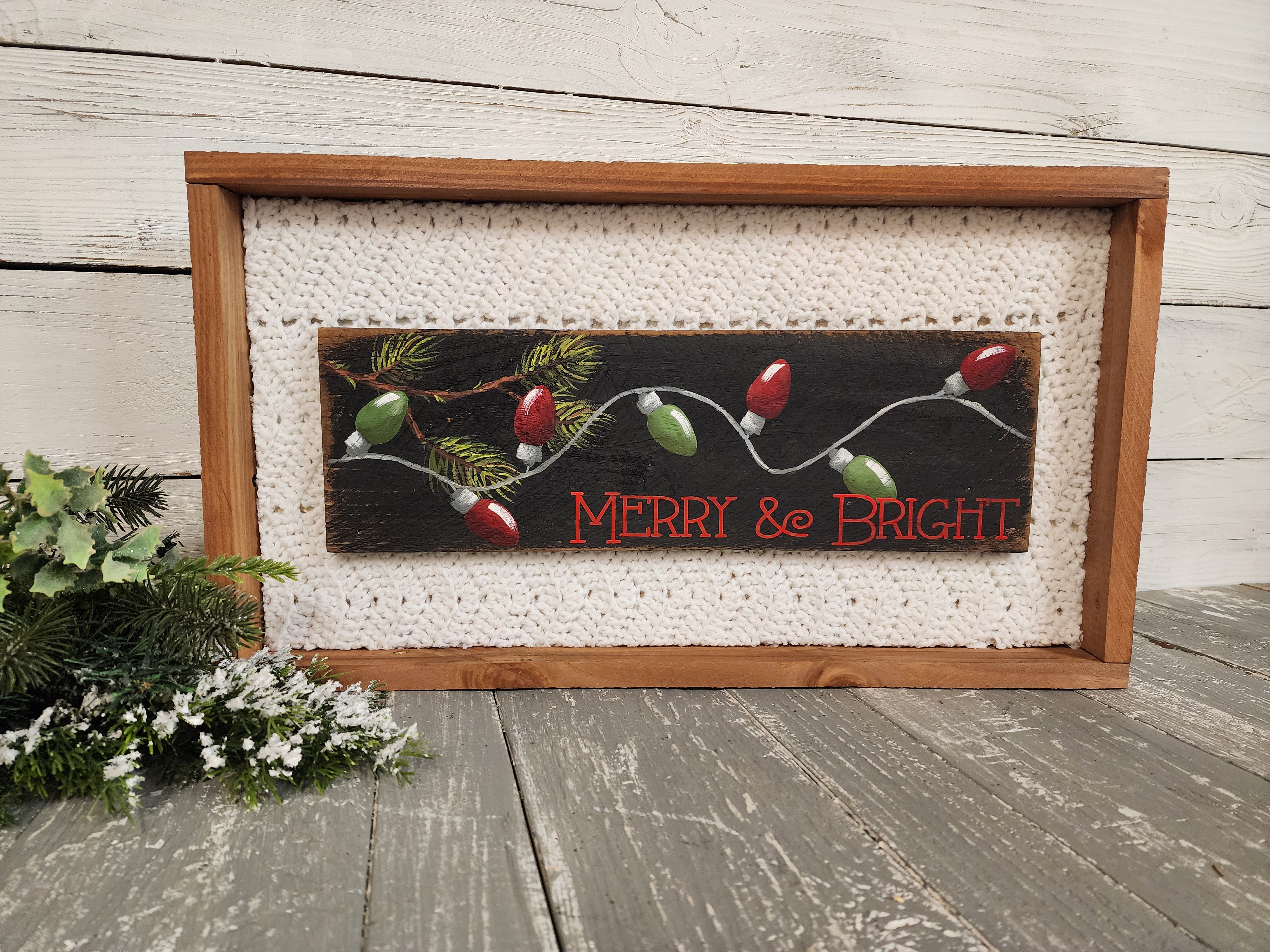 Christmas homemade decor, Merry & bright string of lights for shelf or counter sitter, holiday sweater coffee bar kitchen or mantel holiday