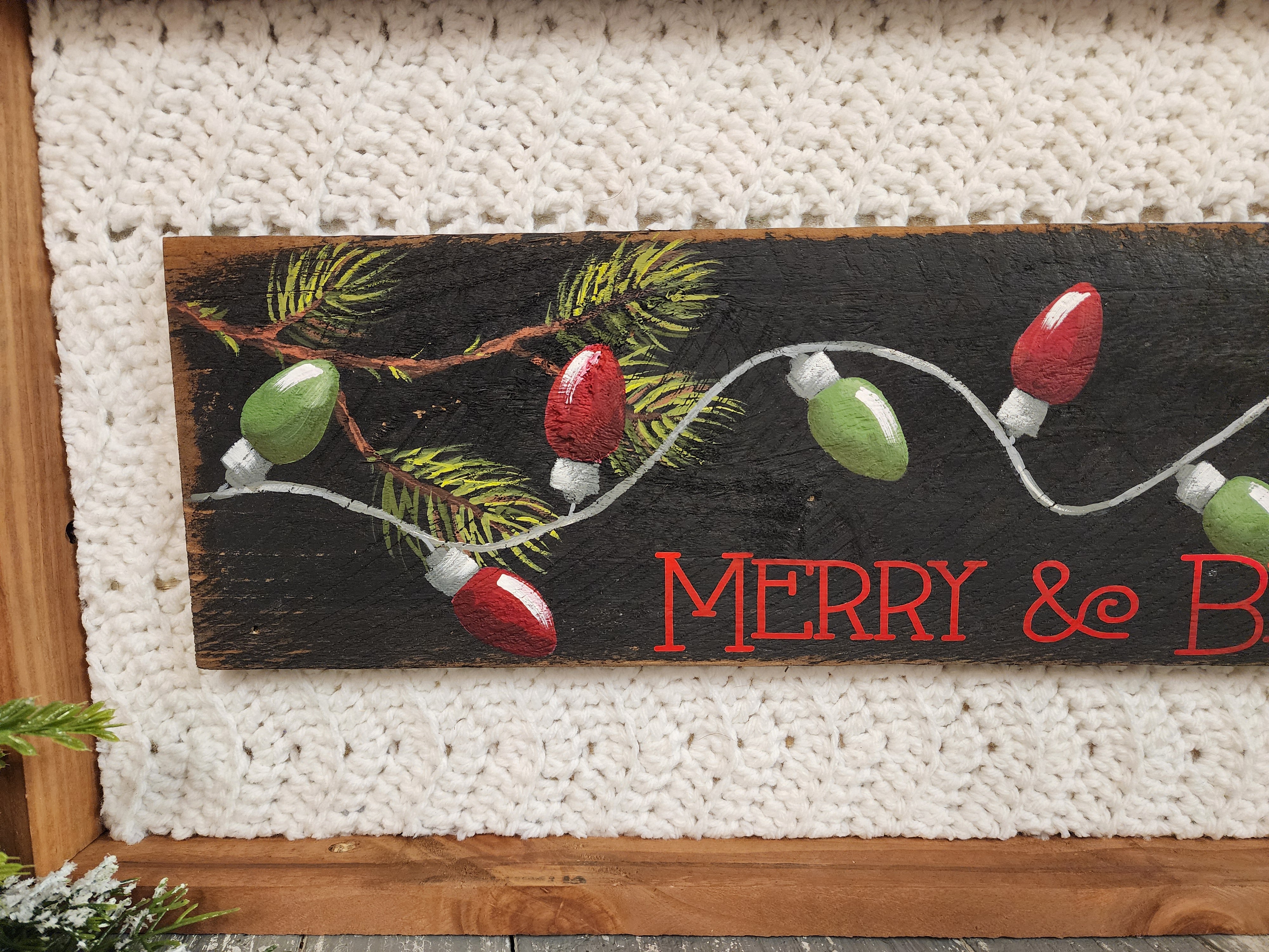 Christmas homemade decor, Merry & bright string of lights for shelf or counter sitter, holiday sweater coffee bar kitchen or mantel holiday