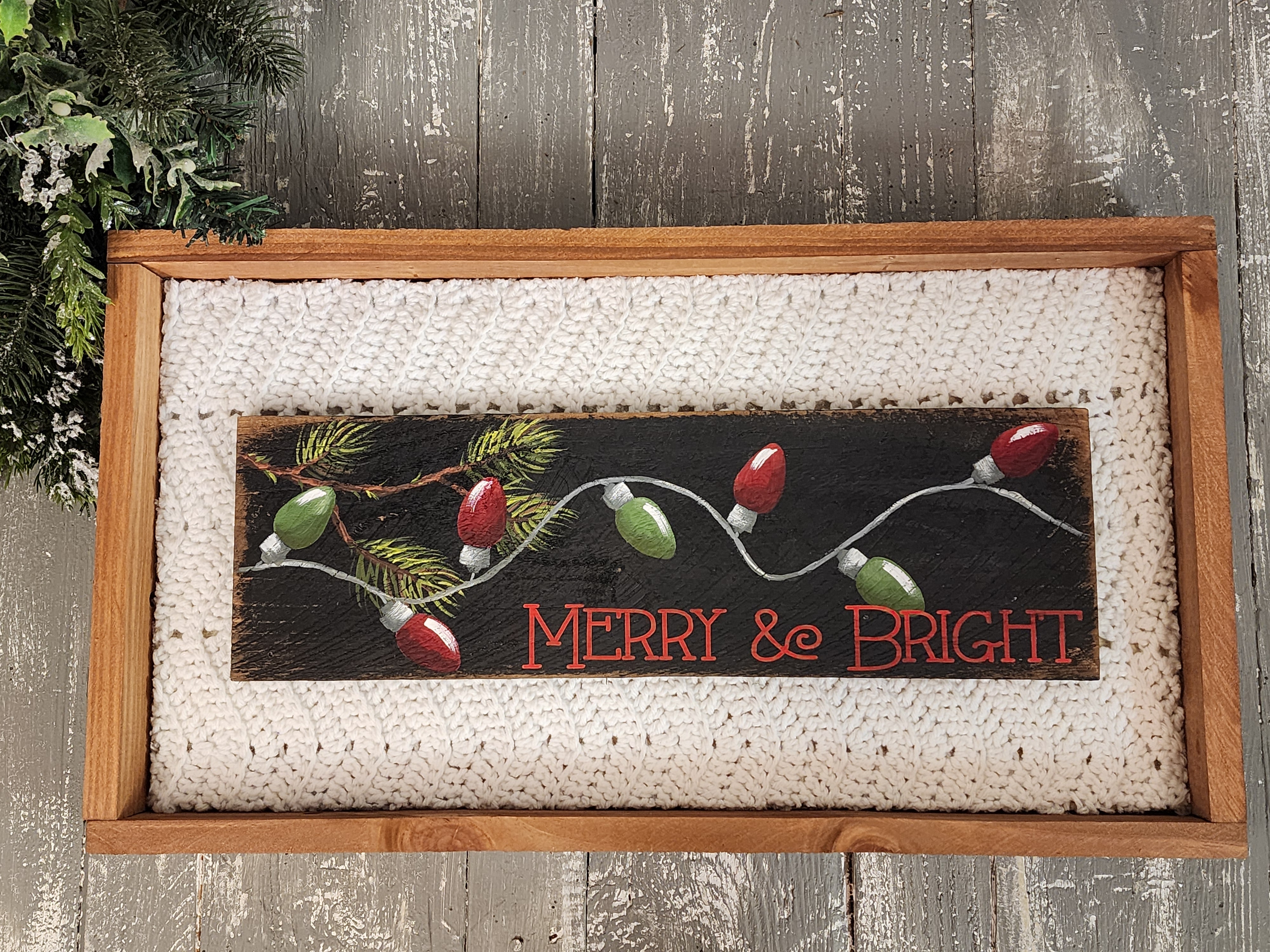 Christmas homemade decor, Merry & bright string of lights for shelf or counter sitter, holiday sweater coffee bar kitchen or mantel holiday