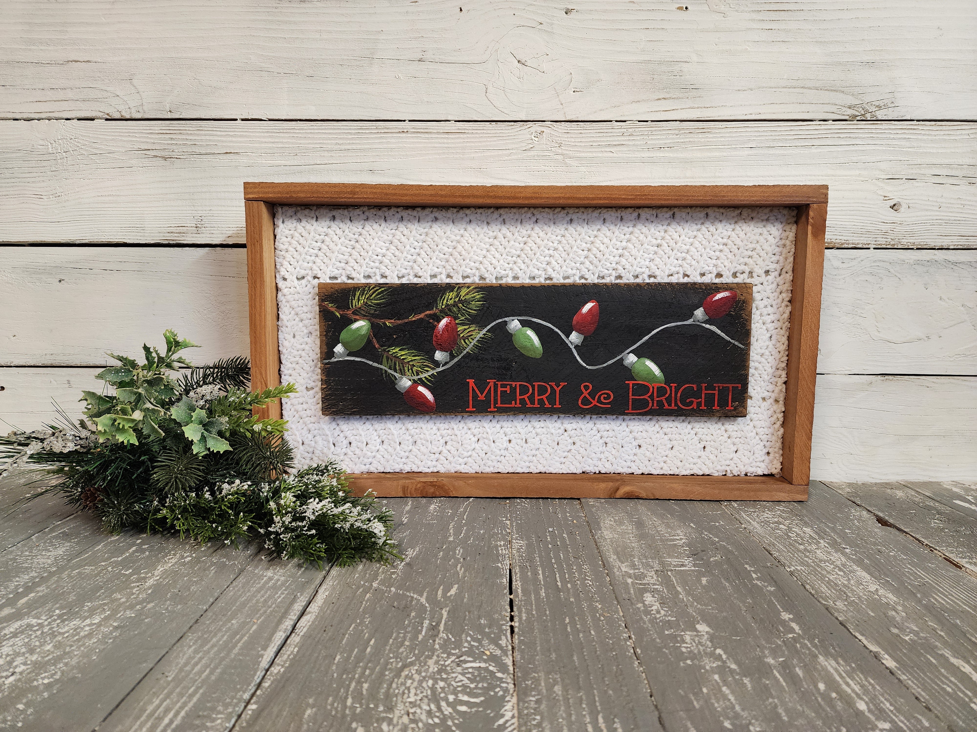 Christmas homemade decor, Merry & bright string of lights for shelf or counter sitter, holiday sweater coffee bar kitchen or mantel holiday