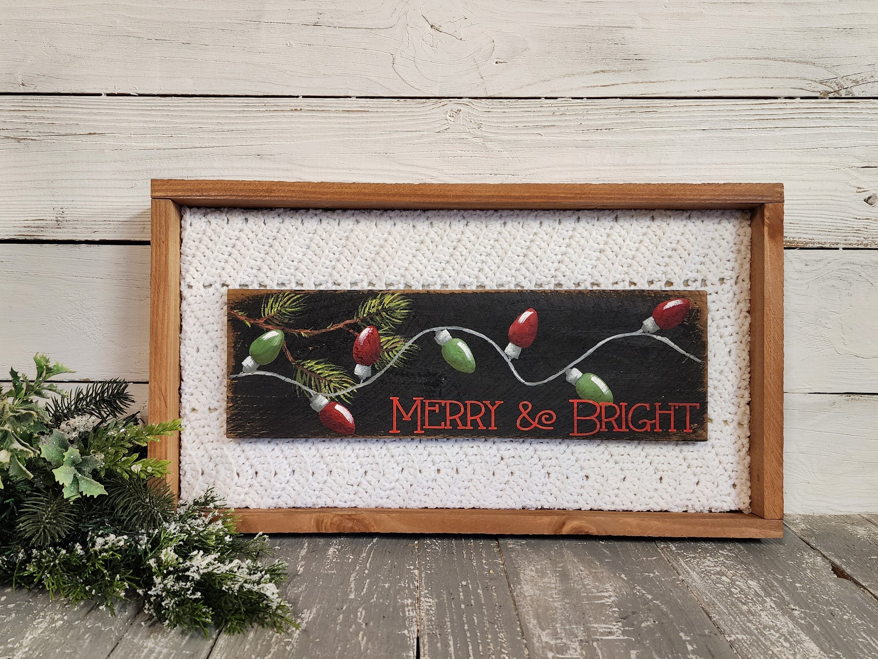 Christmas homemade decor, Merry & bright string of lights for shelf or counter sitter, holiday sweater coffee bar kitchen or mantel holiday