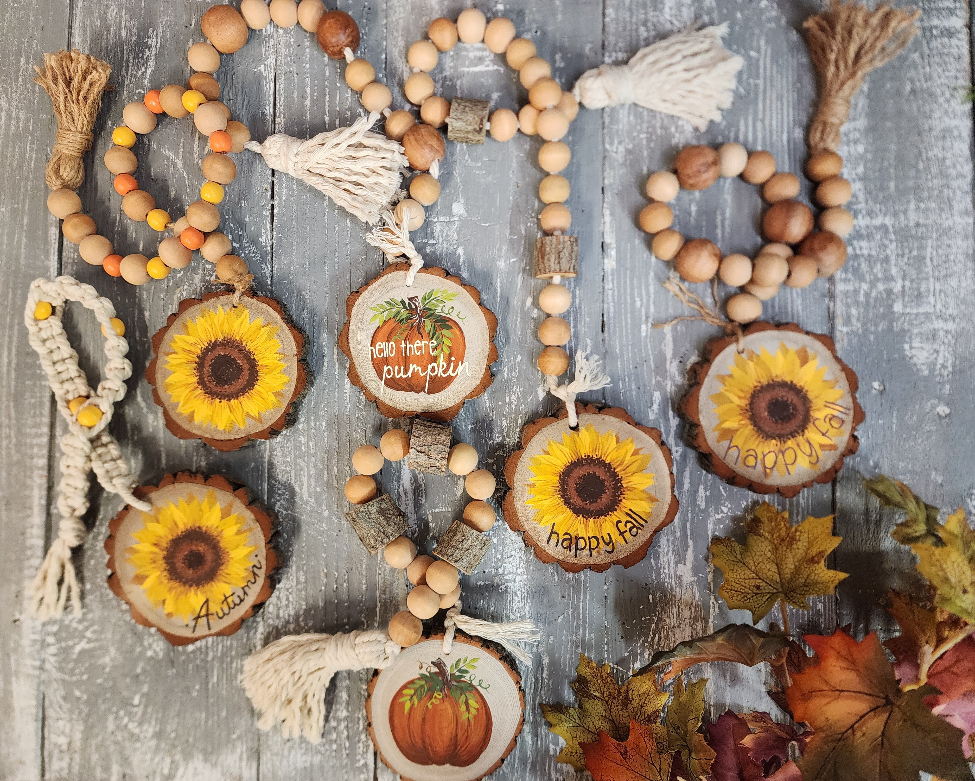 Pumpkin Wood bead decorative garland for tier tray with hand painted pumpkin on homemade wood slice, boho Fall and Autumn farmhouse