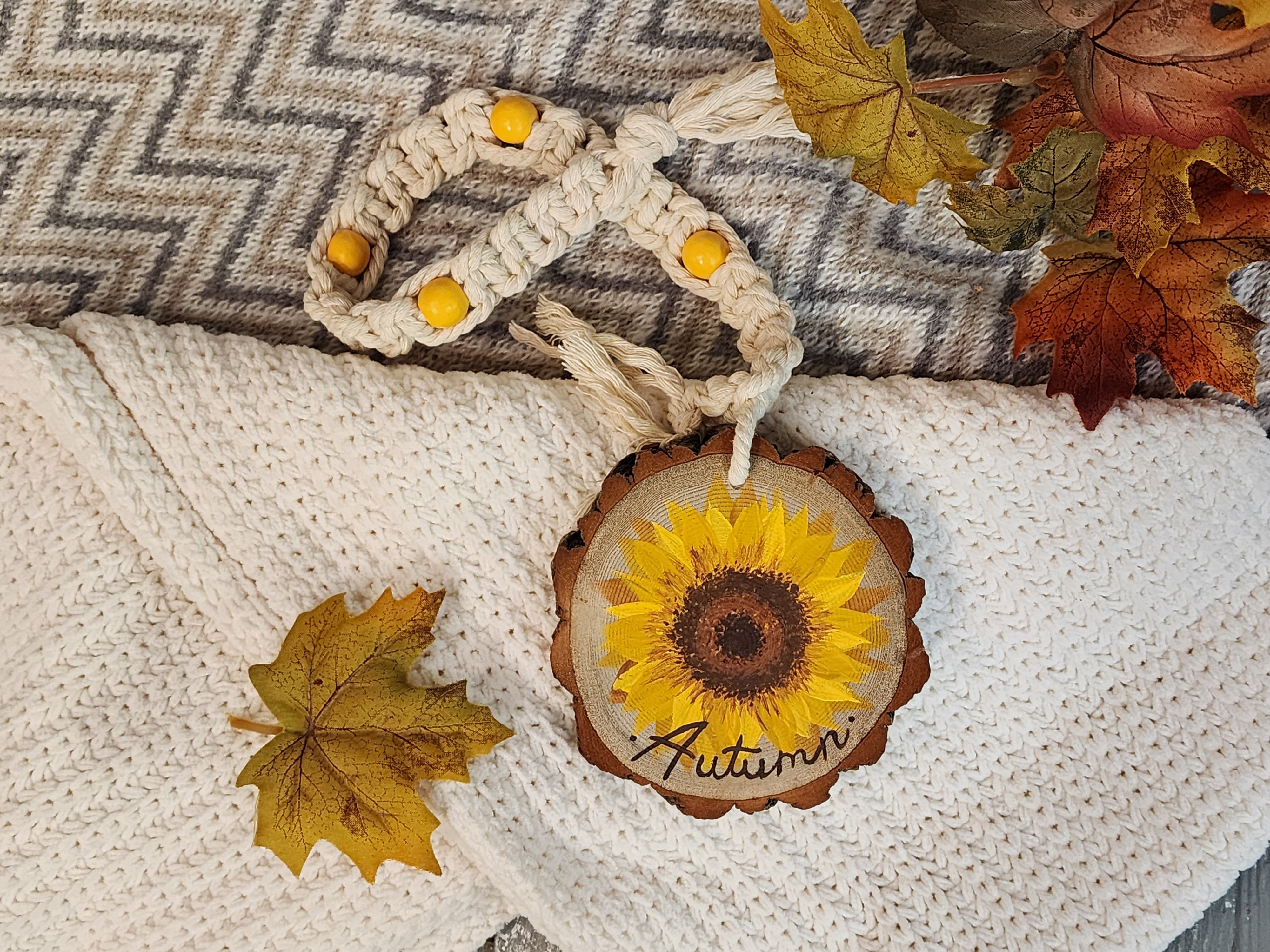 Happy Fall Wood bead decorative garland for tier tray with hand painted sunflower on homemade wood slice, boho Fall and Autumn farmhouse