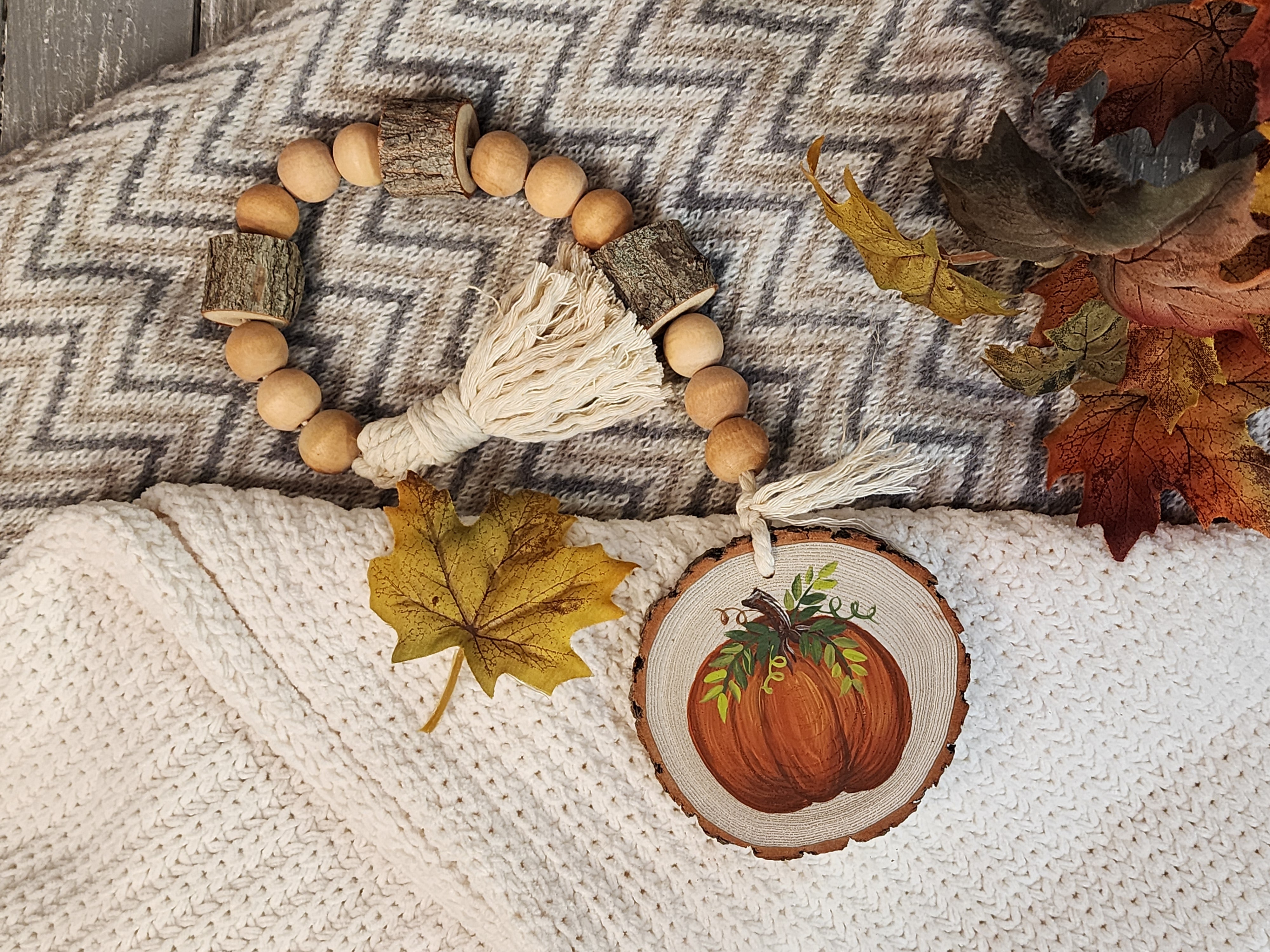 Pumpkin Wood bead decorative garland for tier tray with hand painted pumpkin on homemade wood slice, boho Fall and Autumn farmhouse