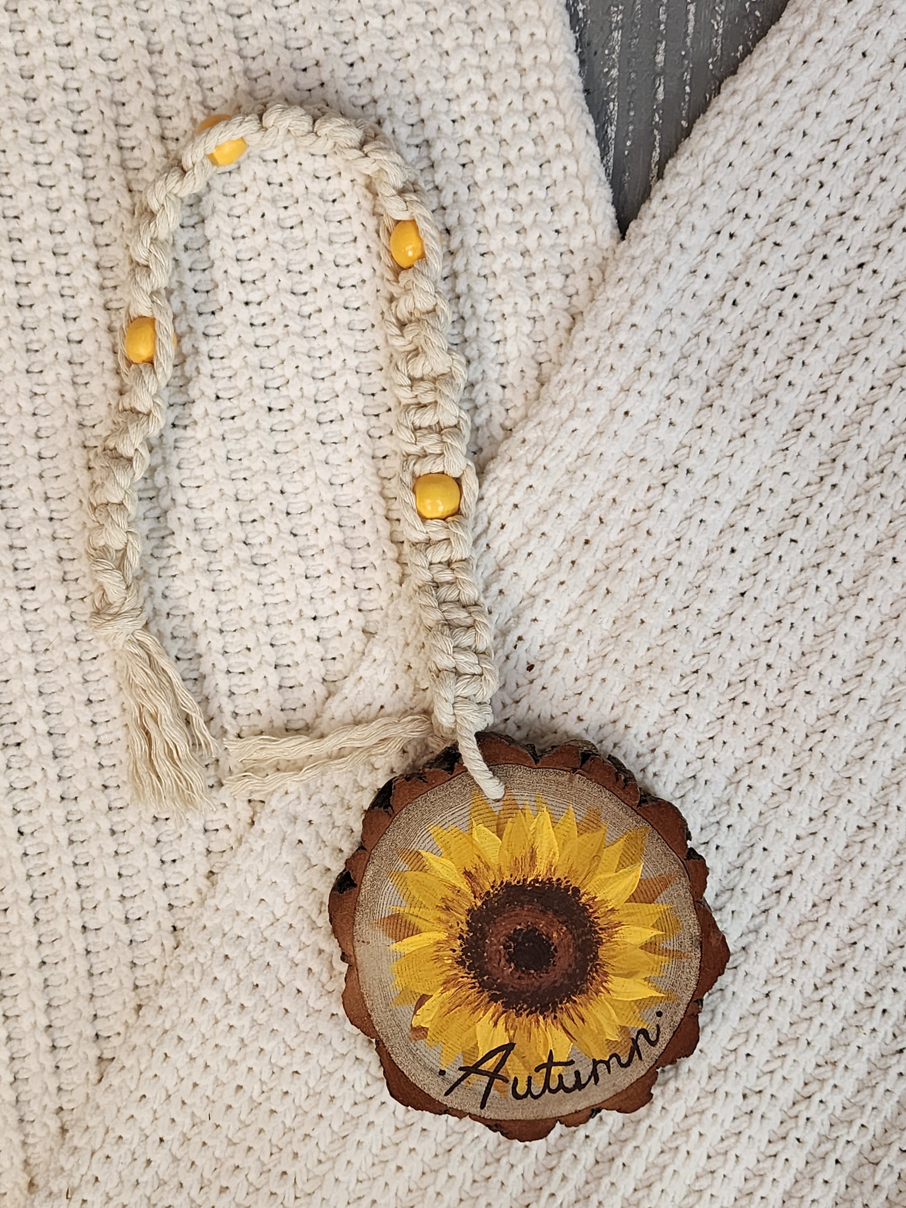 Happy Fall Wood bead decorative garland for tier tray with hand painted sunflower on homemade wood slice, boho Fall and Autumn farmhouse