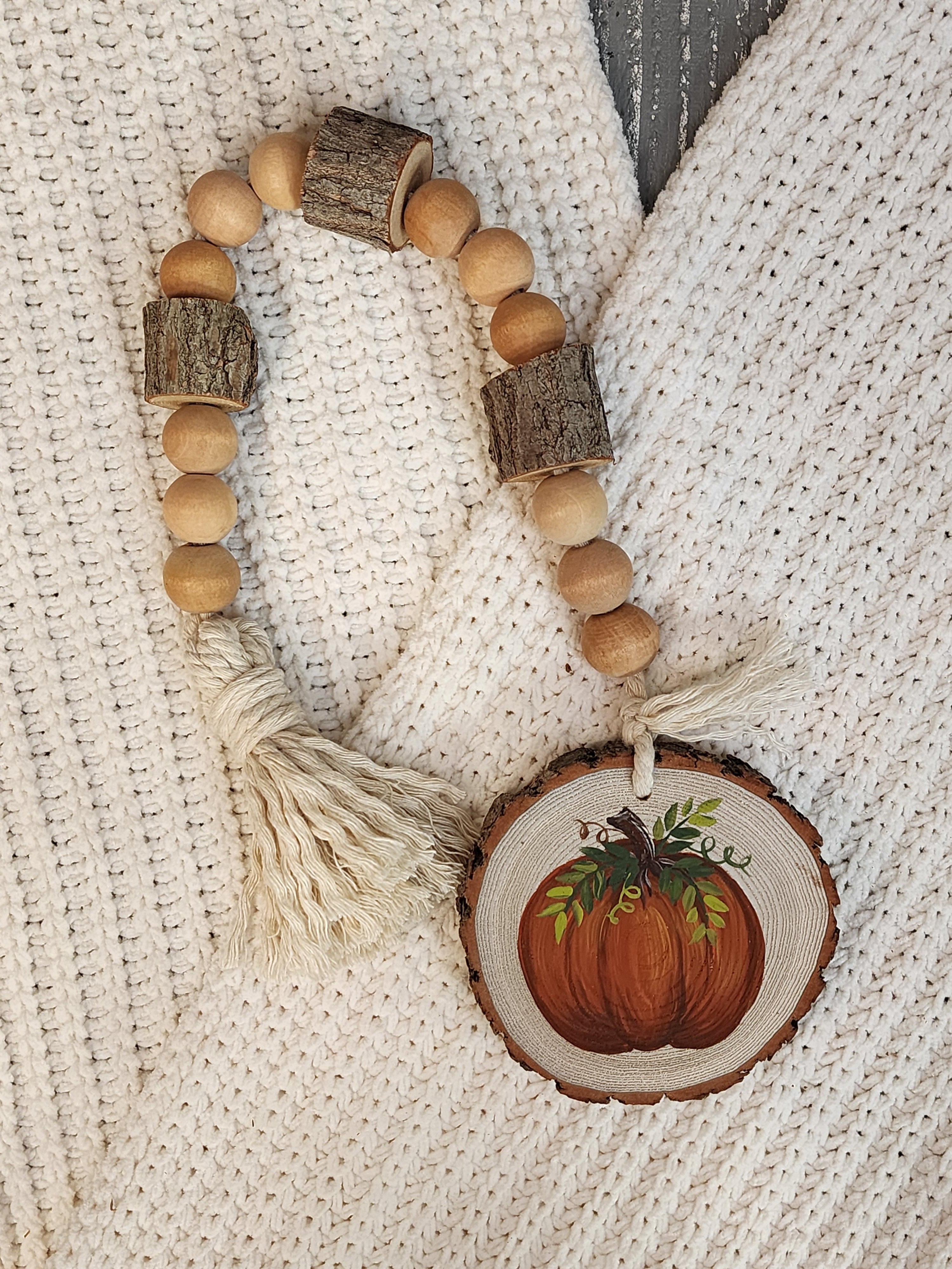 Pumpkin Wood bead decorative garland for tier tray with hand painted pumpkin on homemade wood slice, boho Fall and Autumn farmhouse