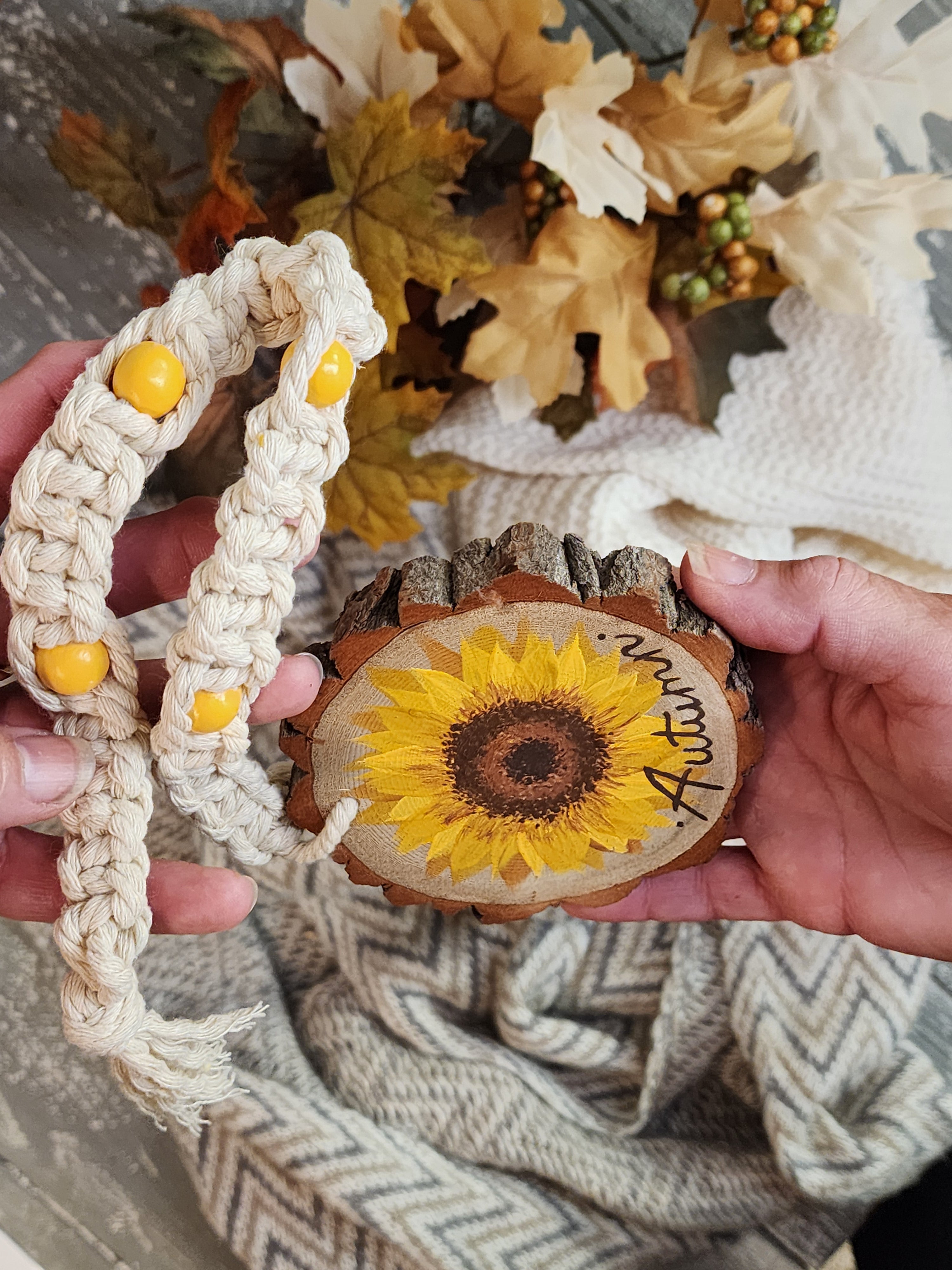 Happy Fall Wood bead decorative garland for tier tray with hand painted sunflower on homemade wood slice, boho Fall and Autumn farmhouse