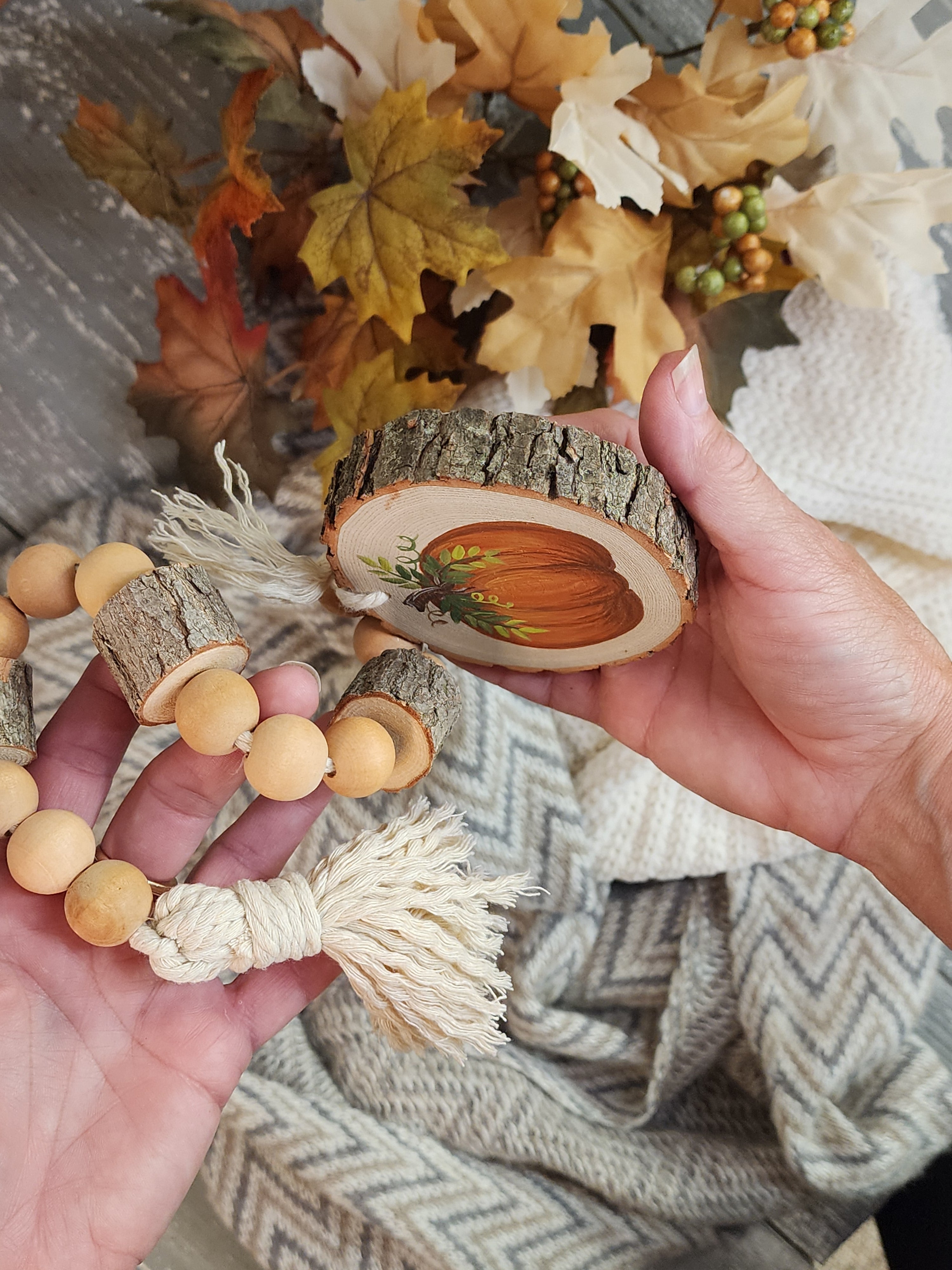 Pumpkin Wood bead decorative garland for tier tray with hand painted pumpkin on homemade wood slice, boho Fall and Autumn farmhouse