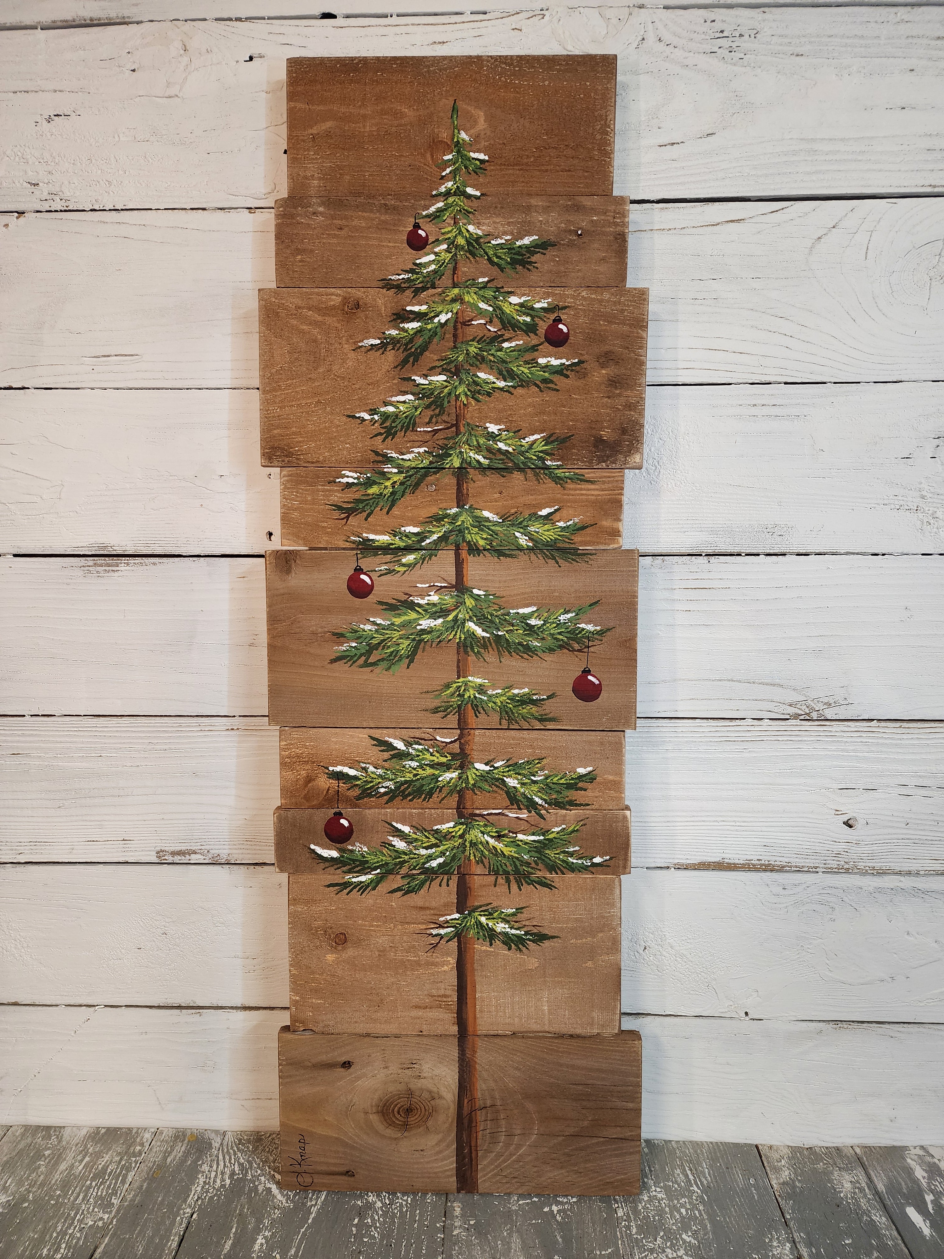 Christmas tree with snow sign on natural recycled wood, farmhouse decor, red bulbs, pallet porch welcome holiday sign