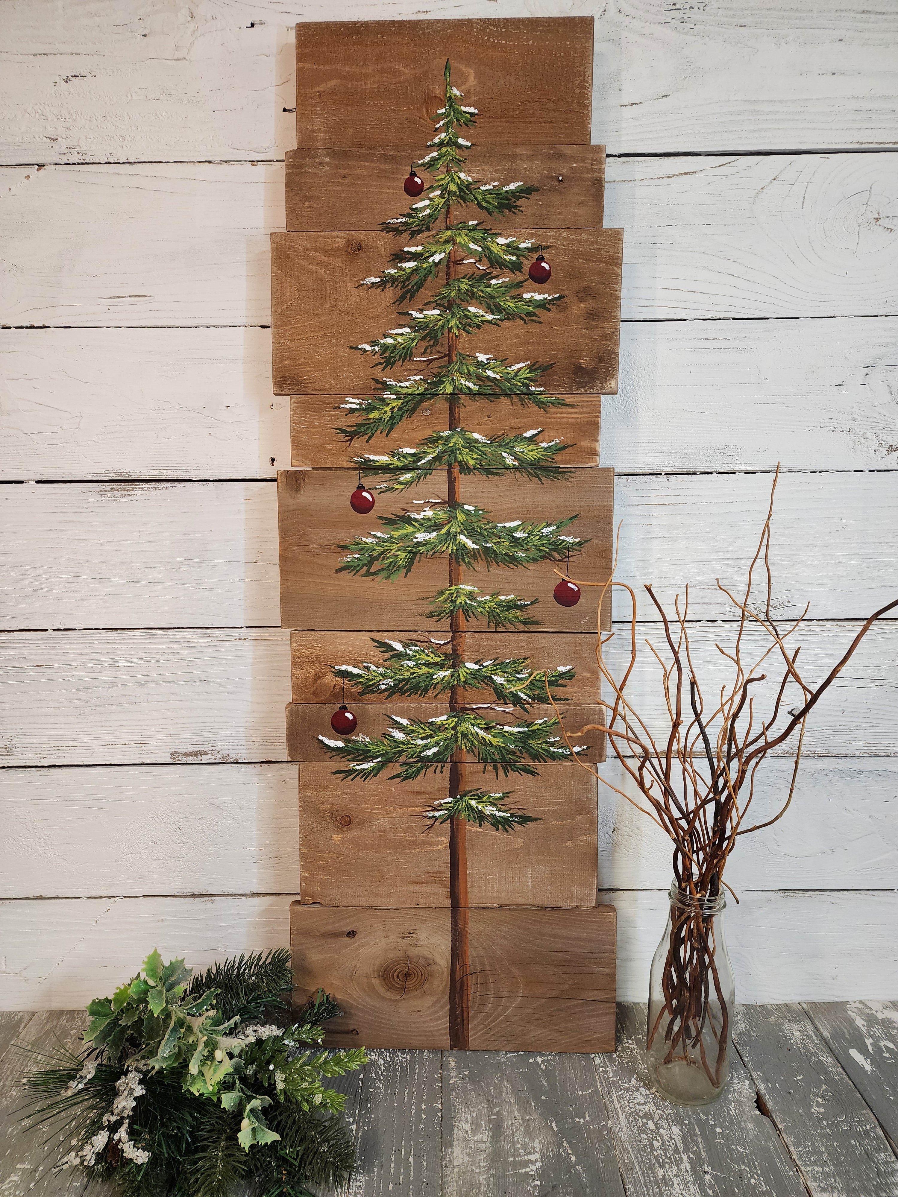 Christmas tree with snow sign on natural recycled wood, farmhouse decor, red bulbs, pallet porch welcome holiday sign